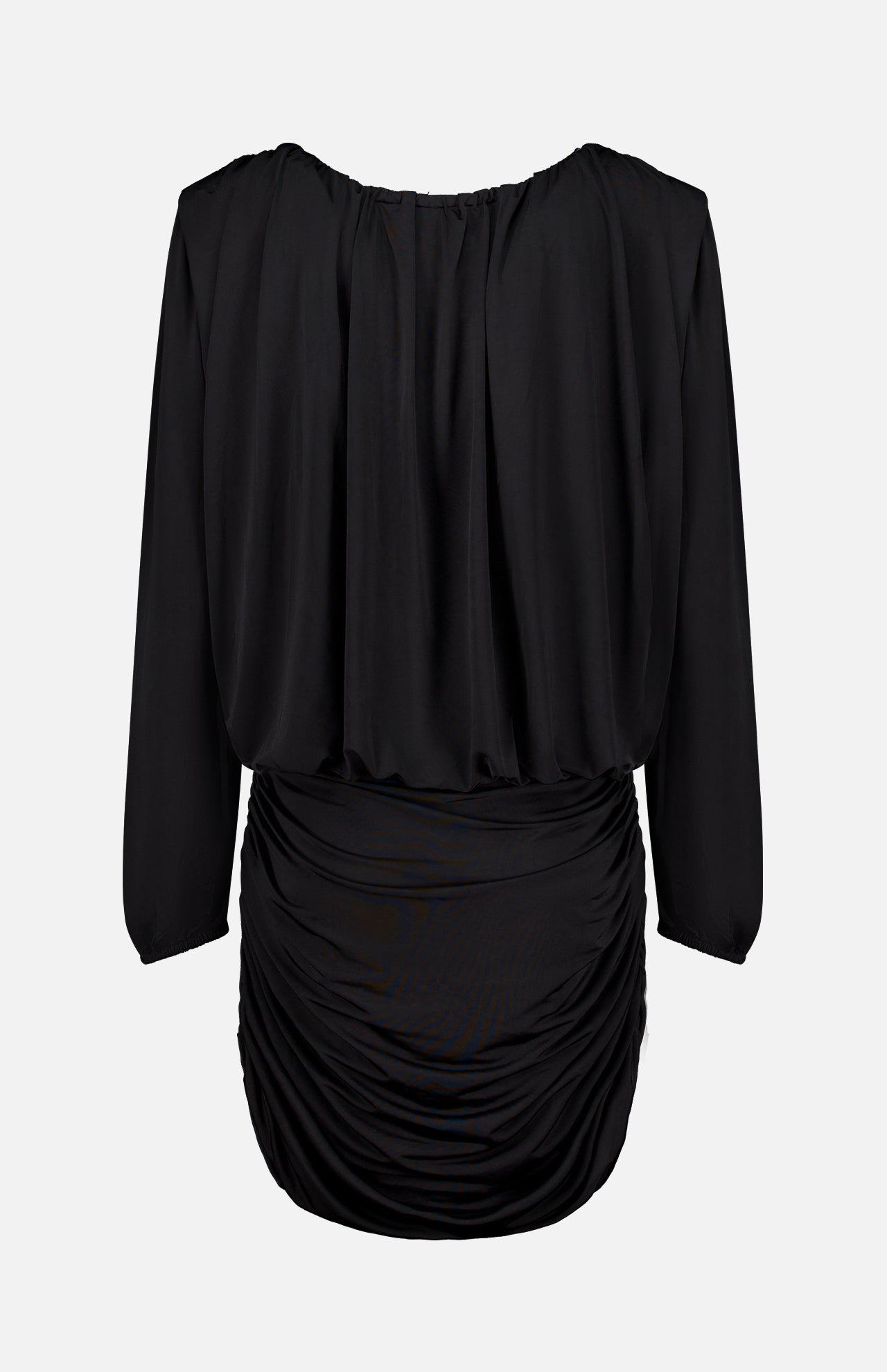 The Martha Ruched Mini Dress by AMANDA UPRICHARD is a black long-sleeve dress featuring a loose, draped top and a fitted, ruched bottom—evoking the chic silhouette of a sexy LBD—shown from the back against a plain white background.