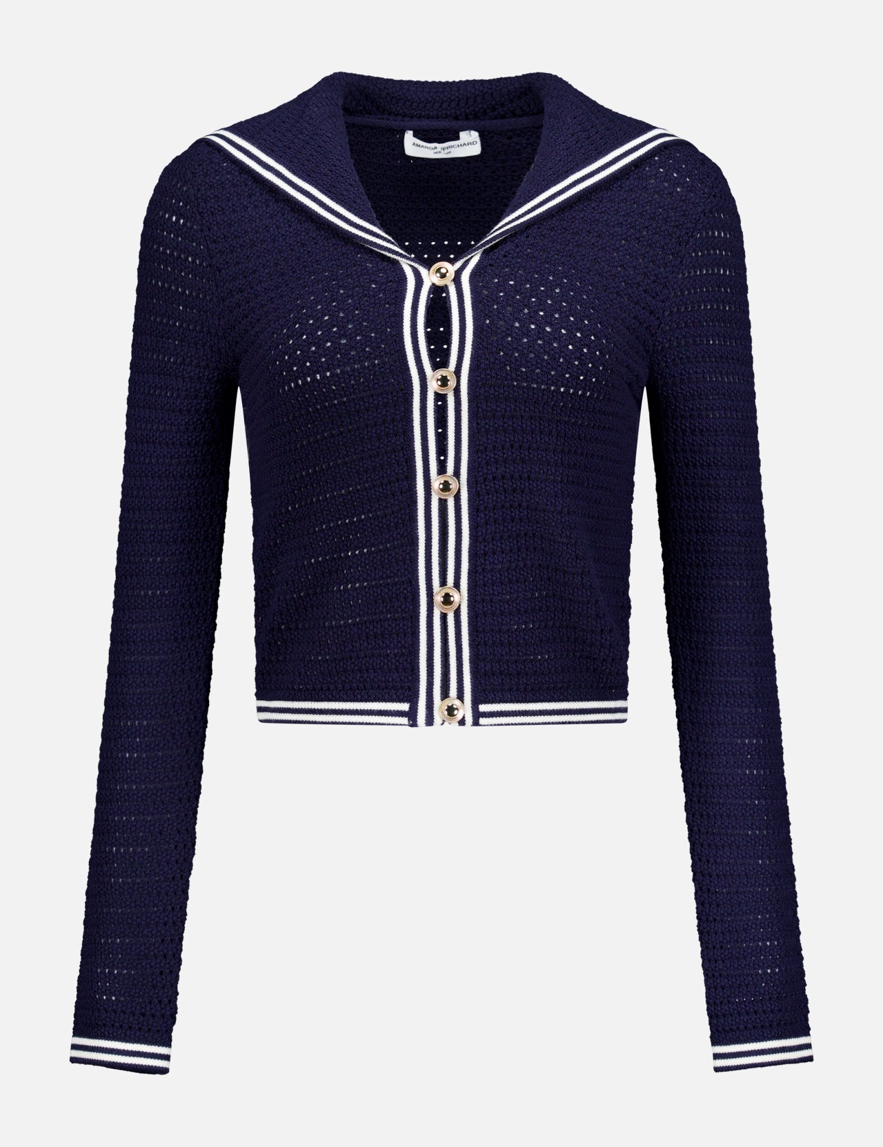 The Monique Sailor Neckline Cardigan by AMANDA UPRICHARD features a navy crochet-knit, long sleeves, white stripe trim, gold front buttons, and a sailor-inspired neckline, shown against a plain white background.