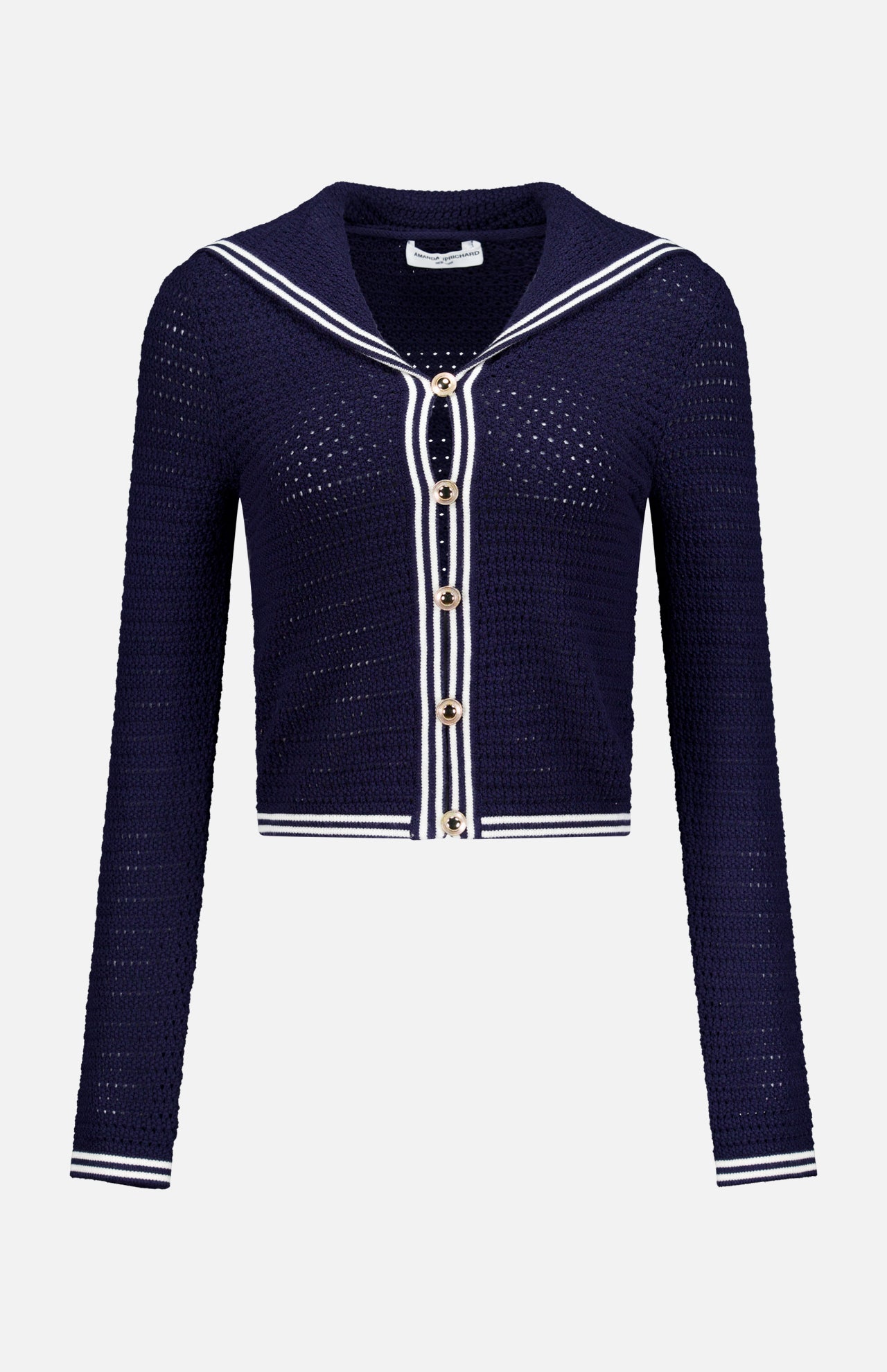 The Monique Sailor Neckline Cardigan by AMANDA UPRICHARD features a navy crochet-knit, long sleeves, white stripe trim, gold front buttons, and a sailor-inspired neckline, shown against a plain white background.