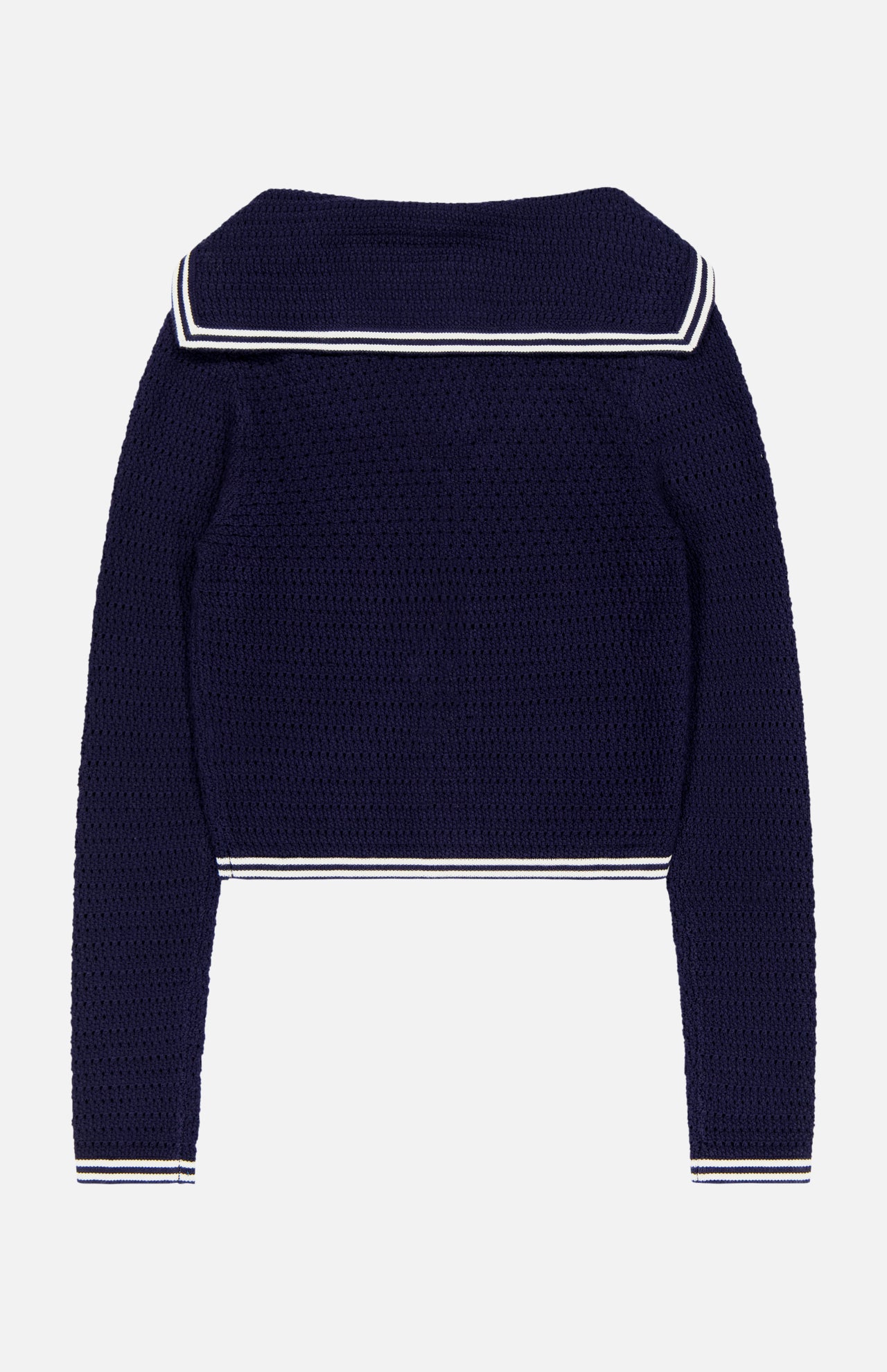 The Monique Sailor Neckline Cardigan by AMANDA UPRICHARD is a navy blue long-sleeve knit with a wide sailor neckline and white striped trim, shown on a plain white background.