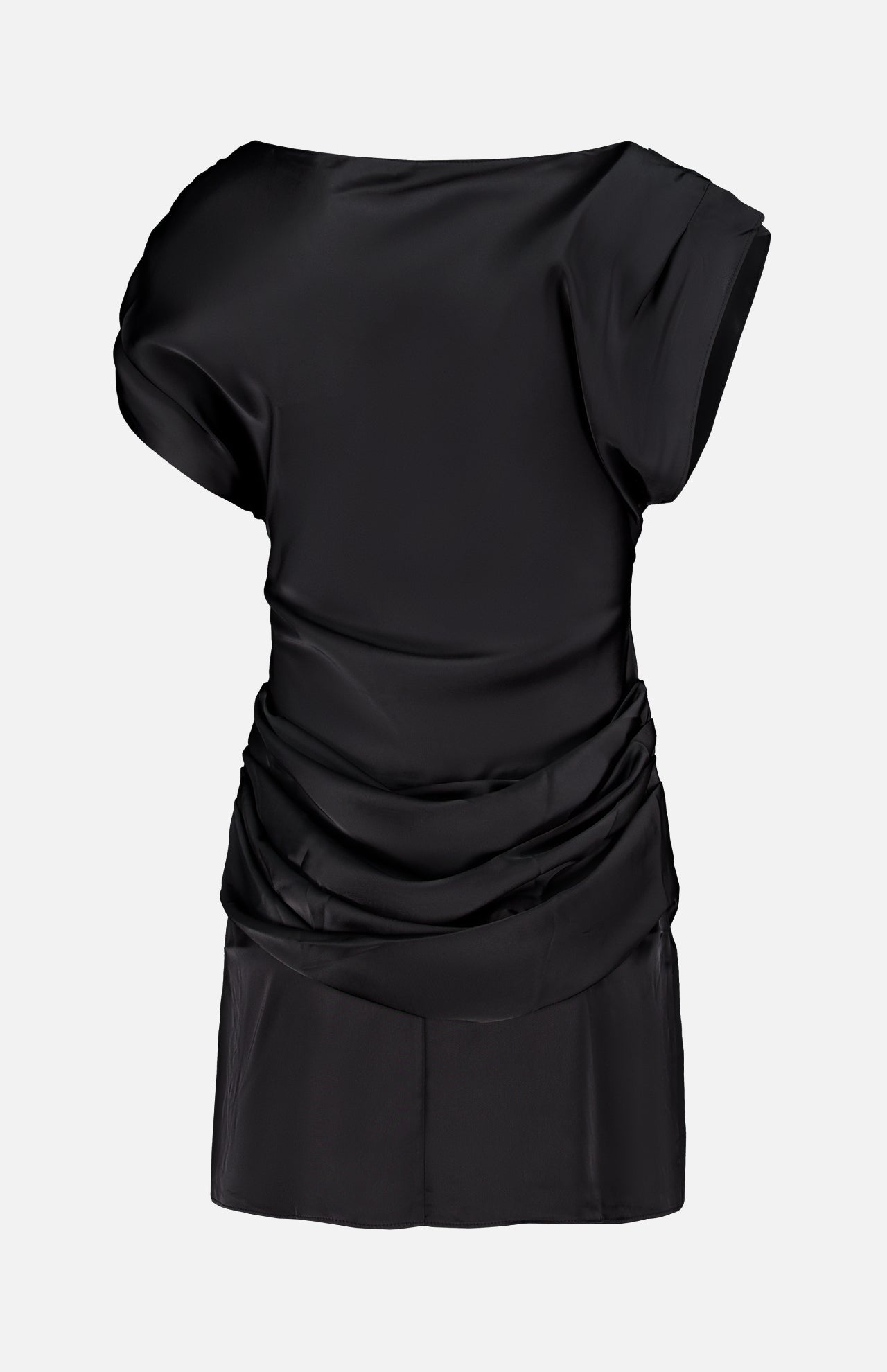 The Olandria Waist Bustle Mini Dress by AMANDA UPRICHARD—a black satin short-sleeve dress featuring a draped, ruched design around the waist and hips reminiscent of cocktail party elegance—displayed against a plain white background.
