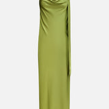 The Paula Scarf Detail Maxi Dress by AMANDA UPRICHARD is a sleeveless, lime green satin charmeuse gown featuring a draped cowl neck and an asymmetric sash detail over one shoulder, displayed on a white background.