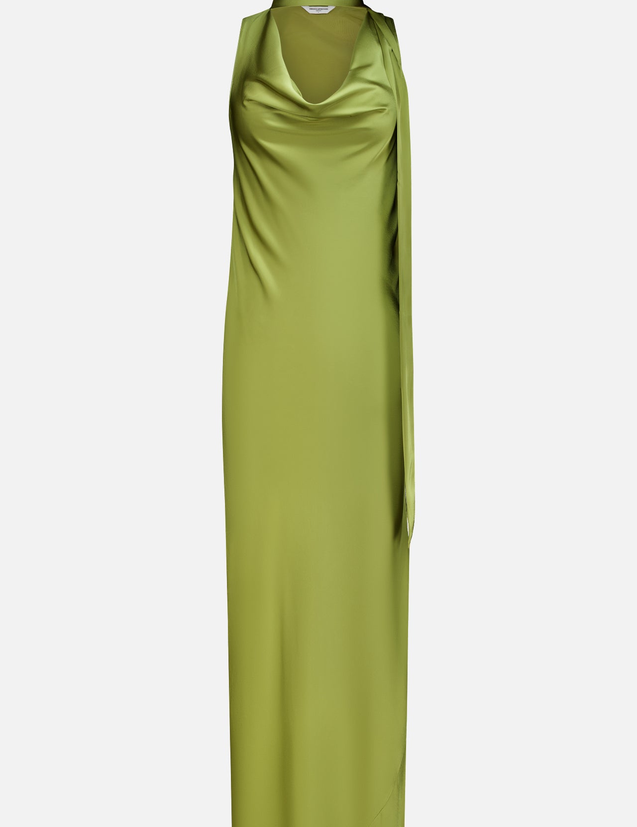 The Paula Scarf Detail Maxi Dress by AMANDA UPRICHARD is a sleeveless, lime green satin charmeuse gown featuring a draped cowl neck and an asymmetric sash detail over one shoulder, displayed on a white background.