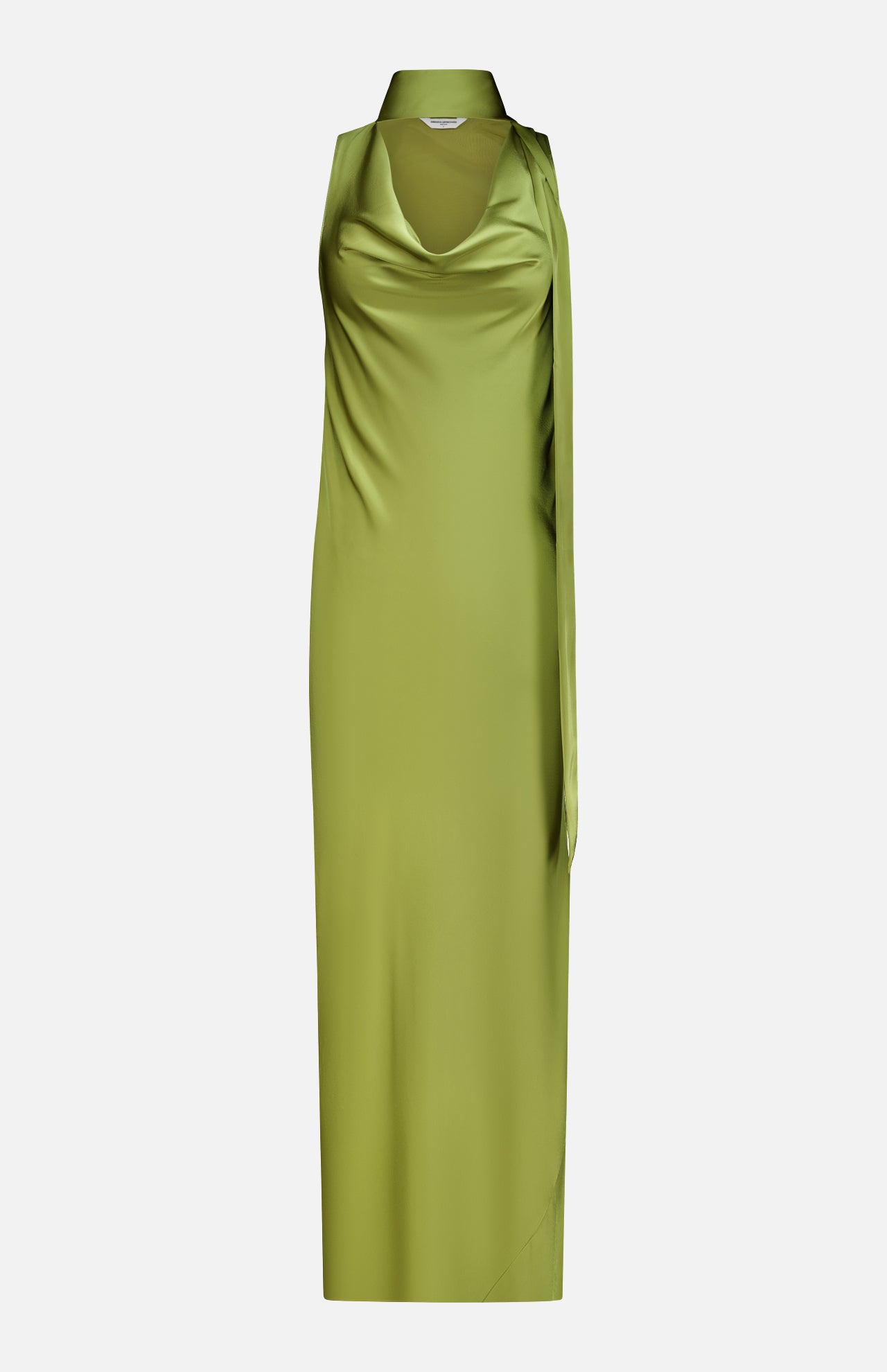 The Paula Scarf Detail Maxi Dress by AMANDA UPRICHARD is a sleeveless, lime green satin charmeuse gown featuring a draped cowl neck and an asymmetric sash detail over one shoulder, displayed on a white background.