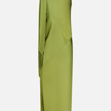 The Paula Scarf Detail Maxi Dress by AMANDA UPRICHARD is a sleeveless, olive green maxi dress featuring an asymmetrical design and a long draped scarf detail over one shoulder, shown against a plain white background.