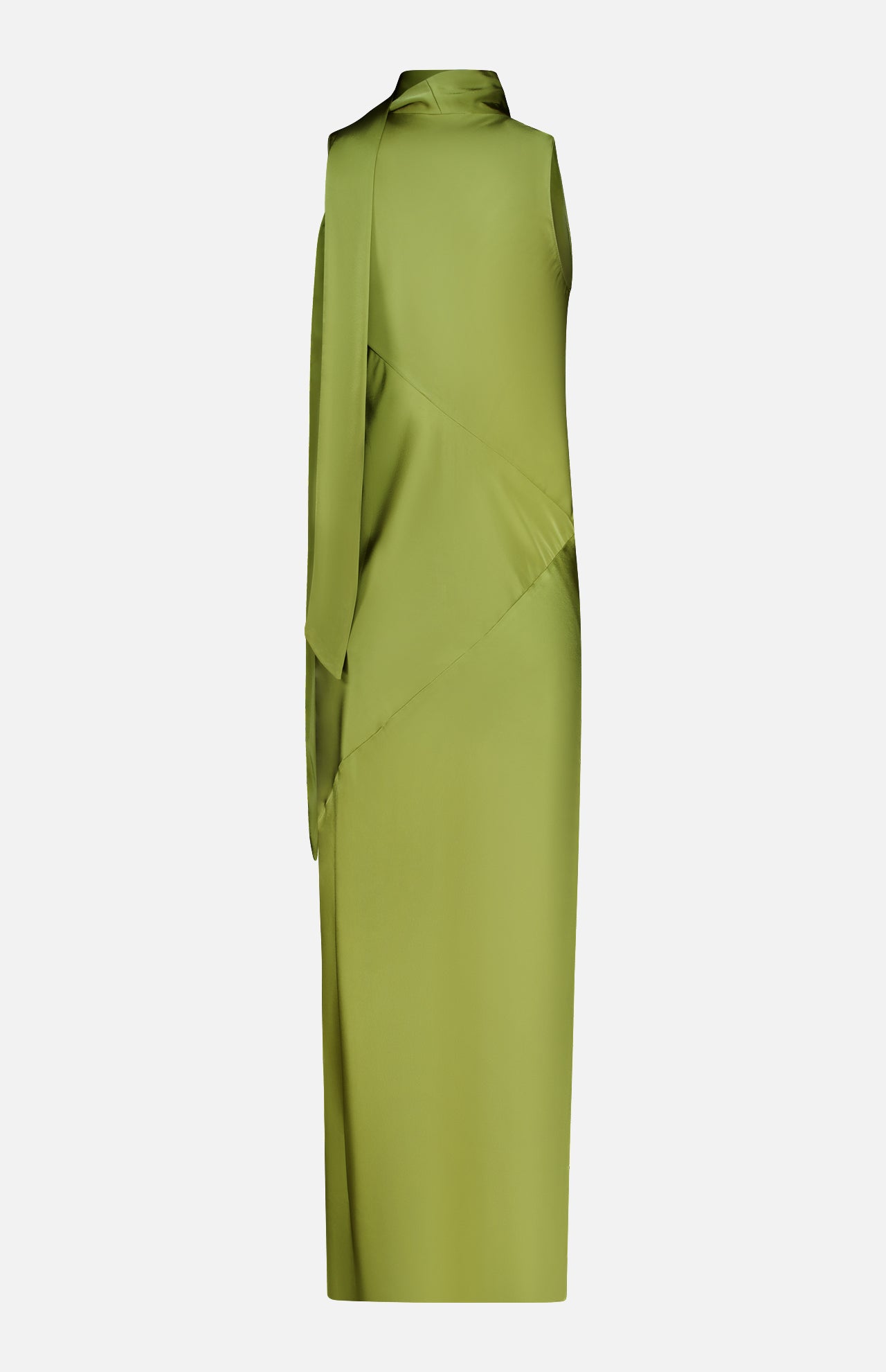 The Paula Scarf Detail Maxi Dress by AMANDA UPRICHARD is a sleeveless, olive green maxi dress featuring an asymmetrical design and a long draped scarf detail over one shoulder, shown against a plain white background.