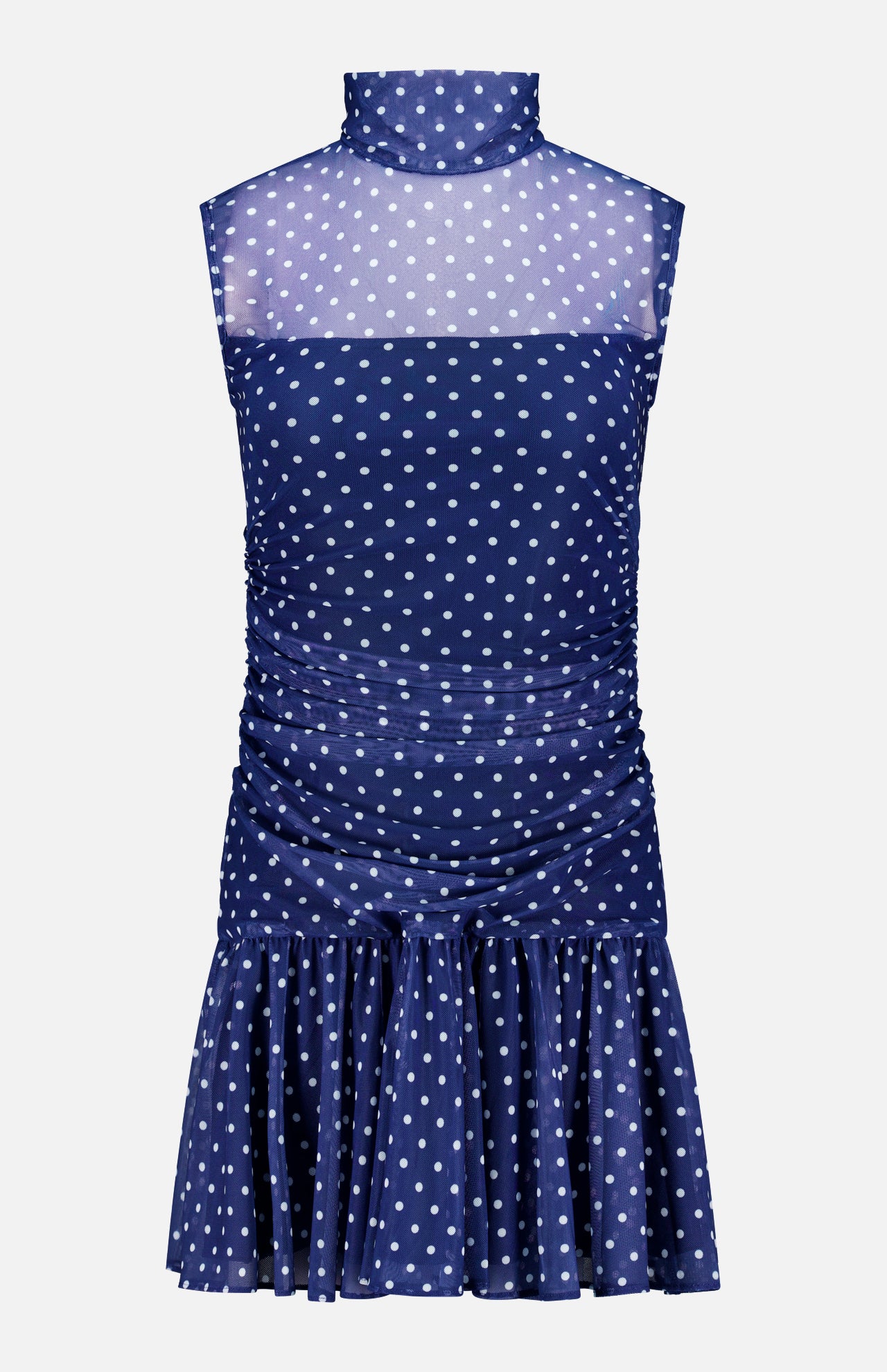 The Rumi Sleeveless Polka Dot Dress by AMANDA UPRICHARD features a navy blue print, high sheer neckline, ruched sides, and flared ruffled skirt—an effortlessly chic mini dress for any occasion.