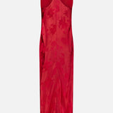 The Sonya Fringed Maxi Dress by AMANDA UPRICHARD features a dark red satin floral jacquard fabric with a sleeveless silhouette, high neckline, racerback design, and floor-length hem. From the back, it showcases a subtle sheen and beautifully textured floral details.