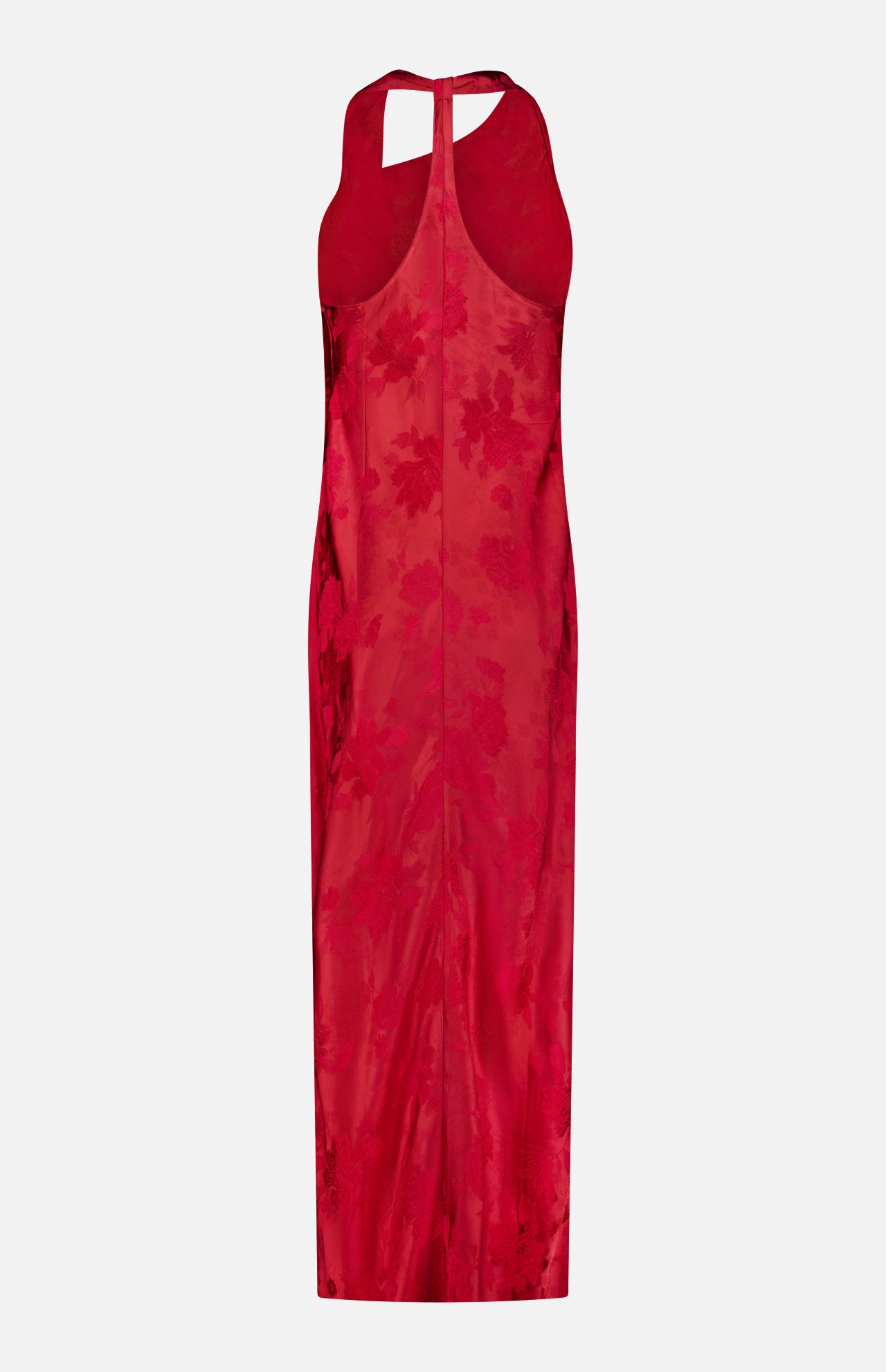 The Sonya Fringed Maxi Dress by AMANDA UPRICHARD features a dark red satin floral jacquard fabric with a sleeveless silhouette, high neckline, racerback design, and floor-length hem. From the back, it showcases a subtle sheen and beautifully textured floral details.