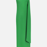 The Sonya Gold Cuff Maxi Dress by AMANDA UPRICHARD is a vibrant green, one-shoulder, floor-length dress with a draped sash detail and fitted silhouette—ideal for formal summer occasions.