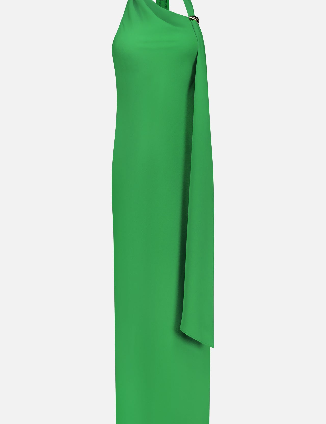 The Sonya Gold Cuff Maxi Dress by AMANDA UPRICHARD is a vibrant green, one-shoulder, floor-length dress with a draped sash detail and fitted silhouette—ideal for formal summer occasions.