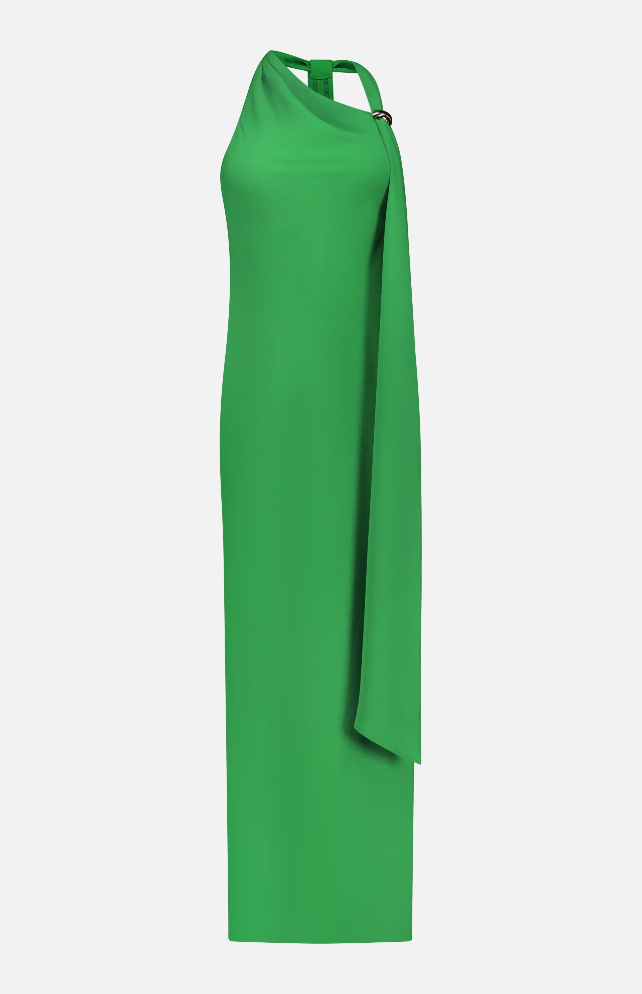 The Sonya Gold Cuff Maxi Dress by AMANDA UPRICHARD is a vibrant green, one-shoulder, floor-length dress with a draped sash detail and fitted silhouette—ideal for formal summer occasions.