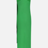 The Sonya Gold Cuff Maxi Dress by AMANDA UPRICHARD is a sleeveless, bright green maxi with a fitted silhouette and halter-style back strap, shown from the back against a plain white background.