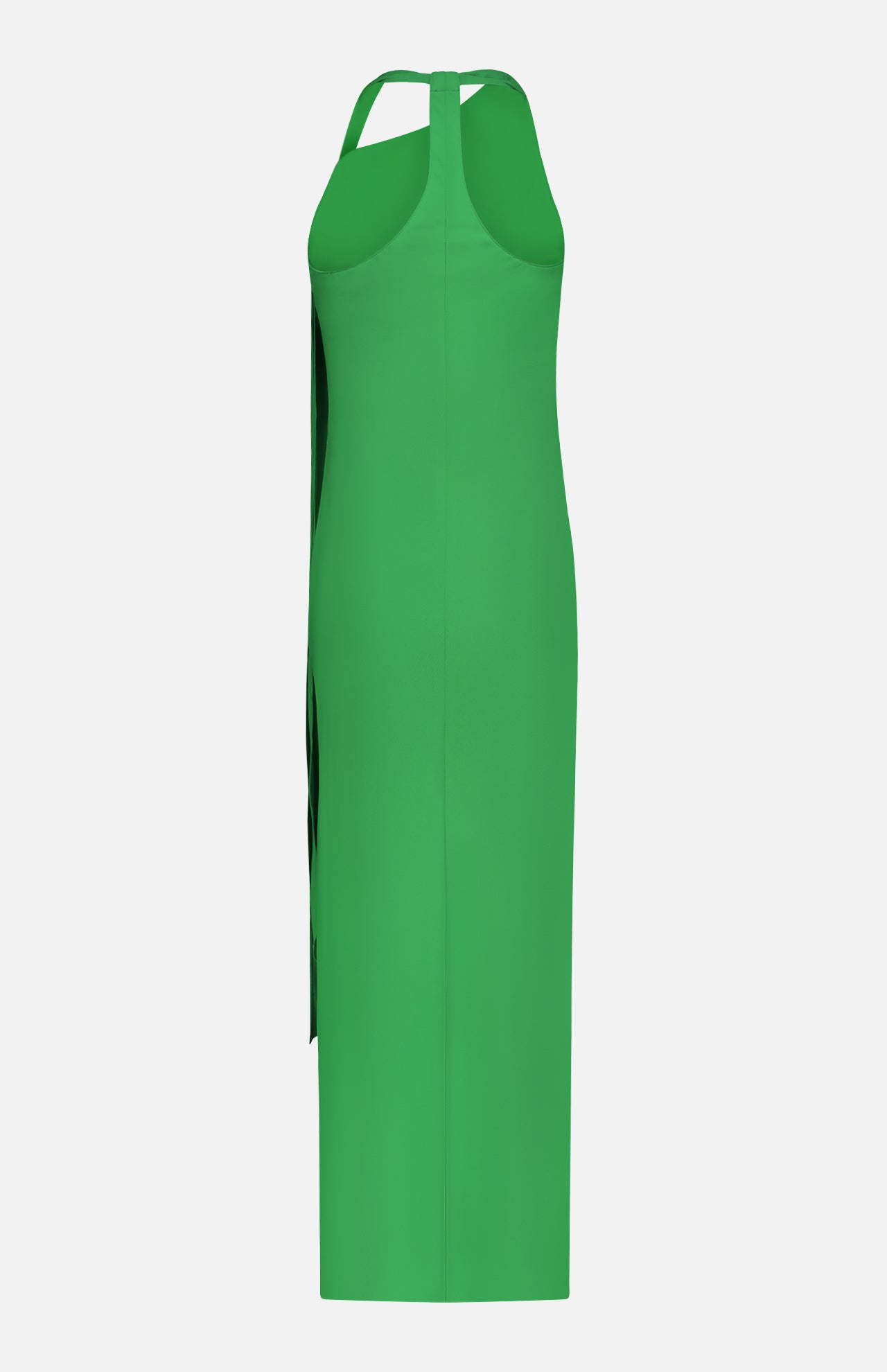 The Sonya Gold Cuff Maxi Dress by AMANDA UPRICHARD is a sleeveless, bright green maxi with a fitted silhouette and halter-style back strap, shown from the back against a plain white background.