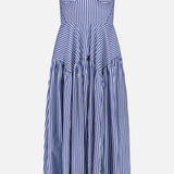 The Spencer Striped Midi Dress by AMANDA UPRICHARD features a fitted bodice, V-neckline, flared skirt with varied stripes, and thin shoulder straps—ideal for summer parties.