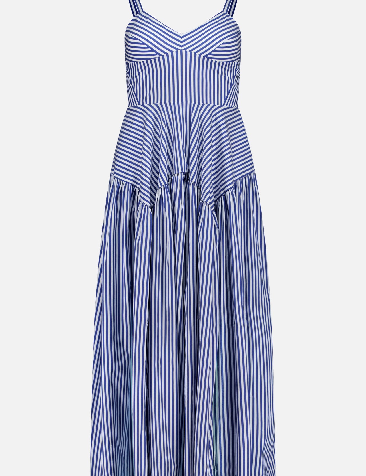 The Spencer Striped Midi Dress by AMANDA UPRICHARD features a fitted bodice, V-neckline, flared skirt with varied stripes, and thin shoulder straps—ideal for summer parties.