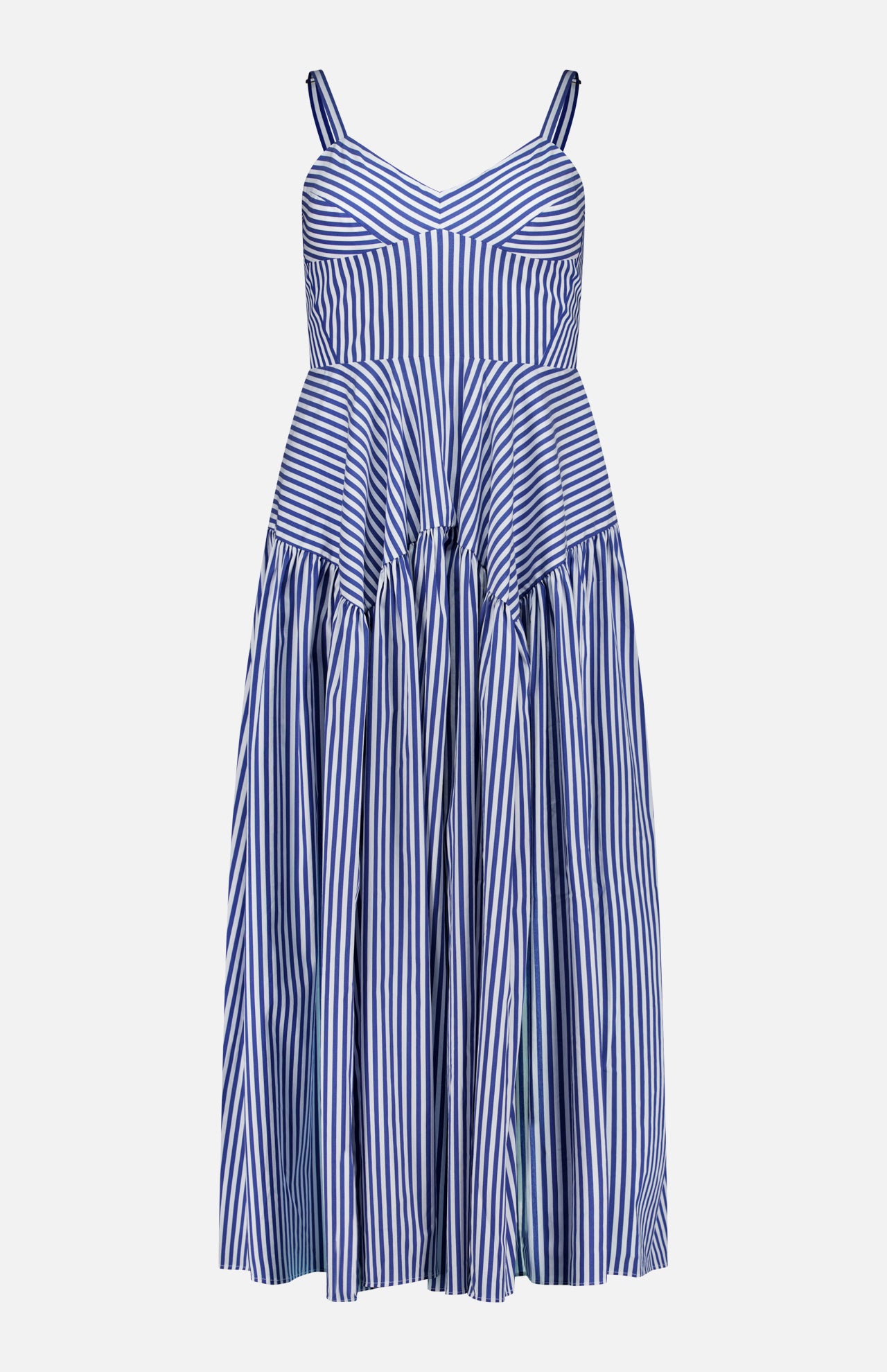 The Spencer Striped Midi Dress by AMANDA UPRICHARD features a fitted bodice, V-neckline, flared skirt with varied stripes, and thin shoulder straps—ideal for summer parties.