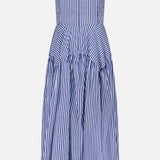 The Spencer Striped Midi Dress by AMANDA UPRICHARD features blue stripes, a fitted bodice, V-neckline, spaghetti straps, and a flared tiered skirt—an ideal choice for summer parties.