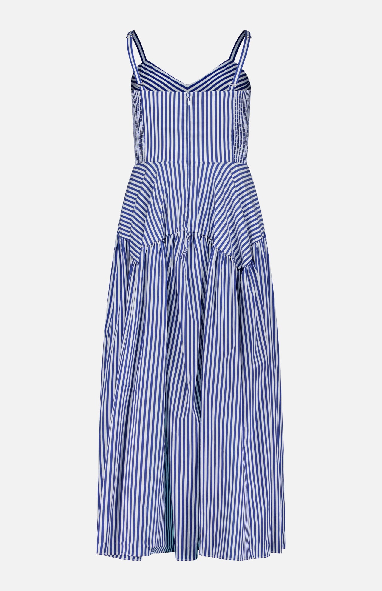 The Spencer Striped Midi Dress by AMANDA UPRICHARD features blue stripes, a fitted bodice, V-neckline, spaghetti straps, and a flared tiered skirt—an ideal choice for summer parties.