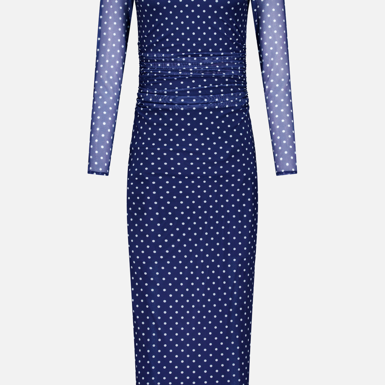 The Zoey Polka Dot Midi Dress by AMANDA UPRICHARD features navy mesh with white polka dots, a sheer neckline, fitted silhouette, long sleeves, and a keyhole back closure for elegant modern style.