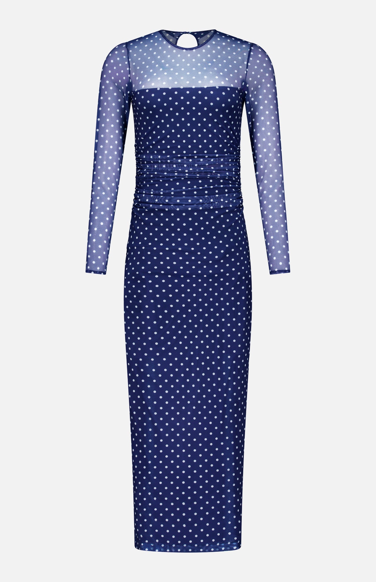 The Zoey Polka Dot Midi Dress by AMANDA UPRICHARD features navy mesh with white polka dots, a sheer neckline, fitted silhouette, long sleeves, and a keyhole back closure for elegant modern style.