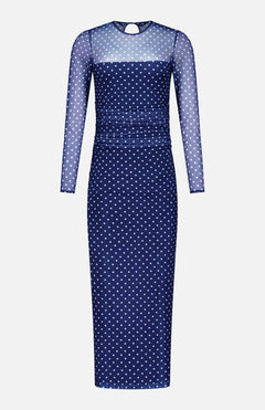 The Zoey Polka Dot Midi Dress by AMANDA UPRICHARD features navy mesh with white polka dots, a sheer neckline, fitted silhouette, long sleeves, and a keyhole back closure for elegant modern style.