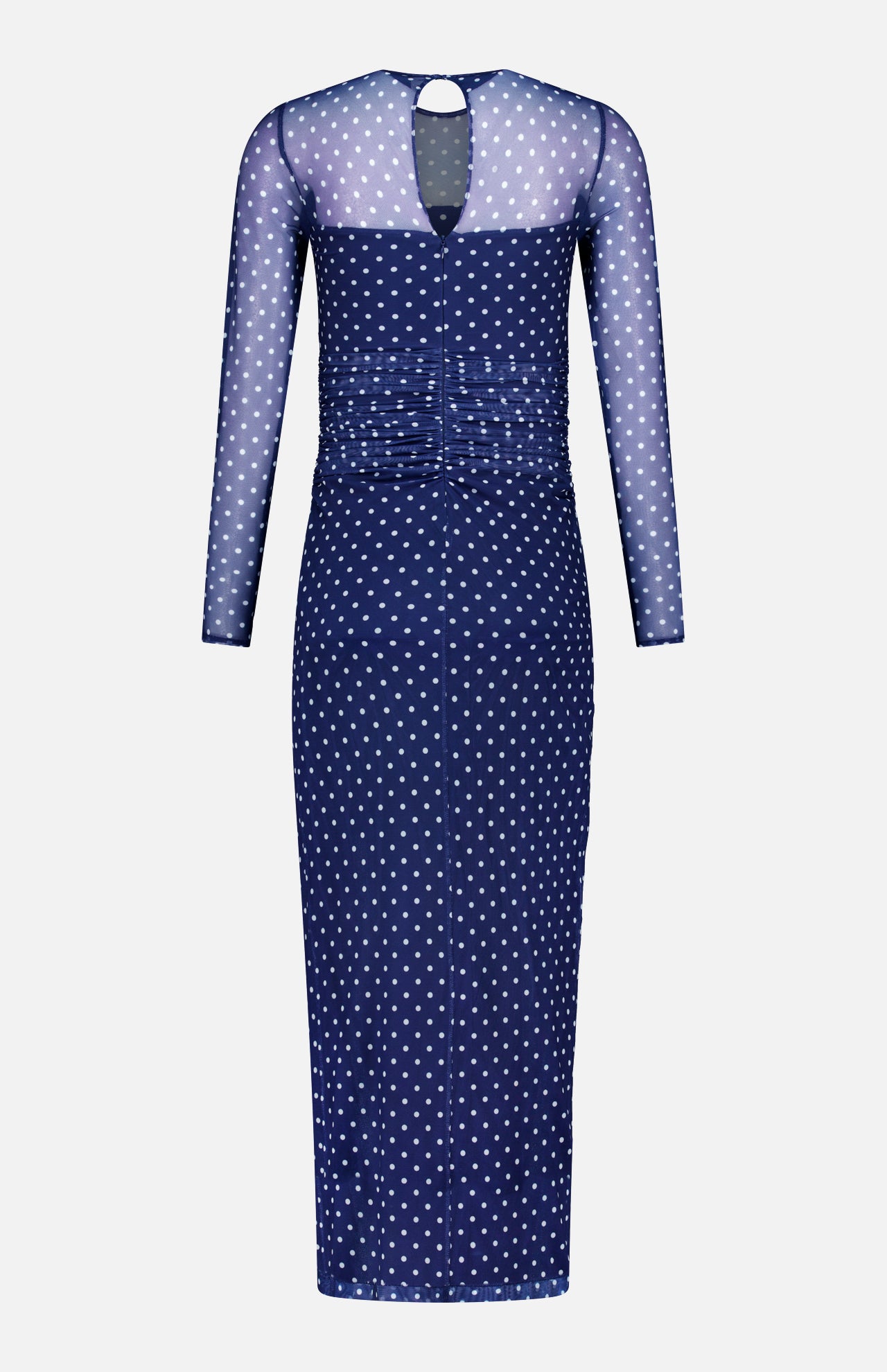 The Zoey Polka Dot Midi Dress by AMANDA UPRICHARD features navy mesh, long sheer sleeves, white polka dots, ruched waist detailing, and a keyhole neckline opening.