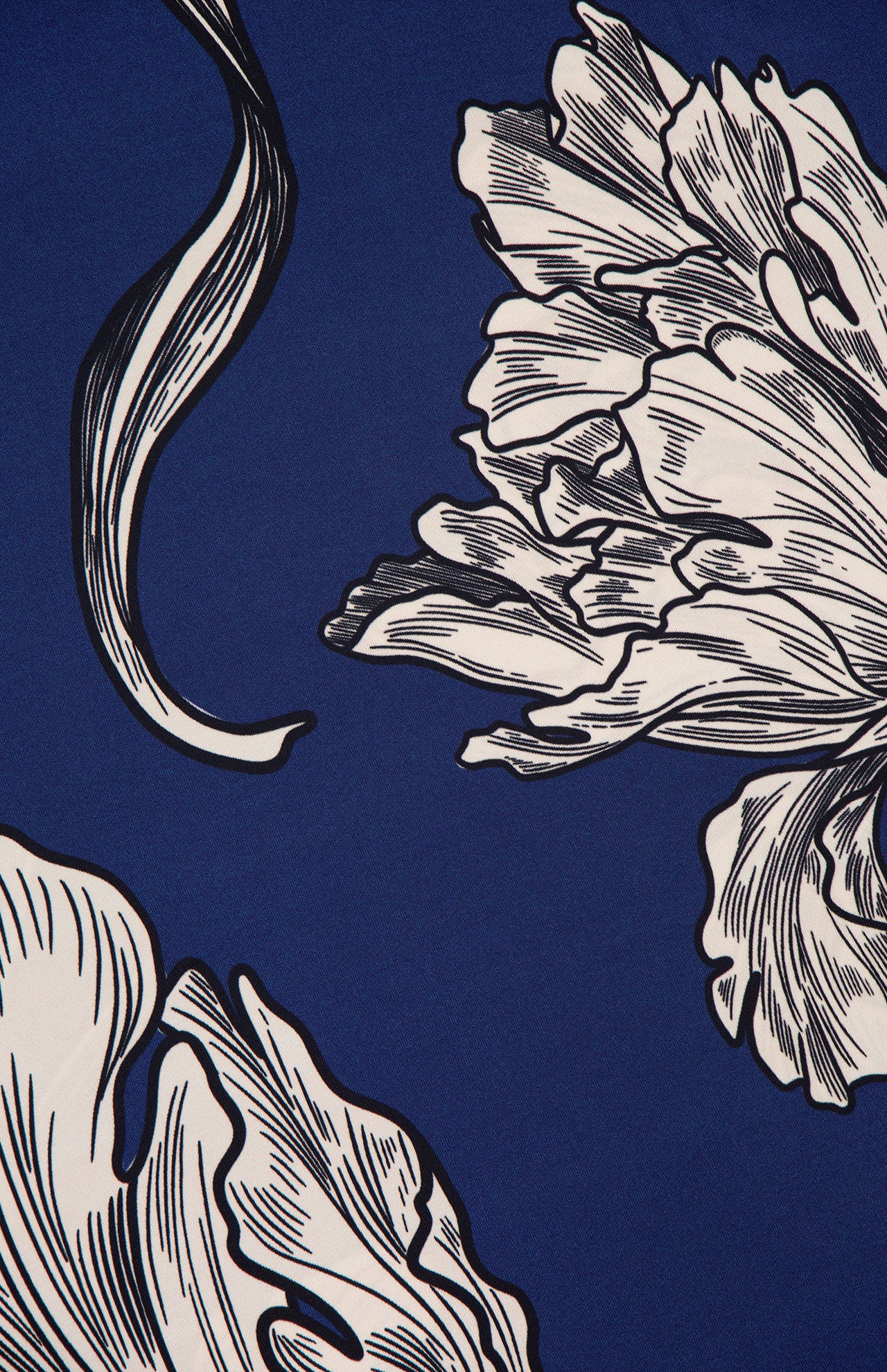 Black and white sketch-style floral illustrations with bold outlines evoke the elegance of the ANDRÉS OTÁLORA Amani Maxi Halter Neck Dress, featuring partially visible flowers and leaves on a deep blue background for an abstract, artistic look.