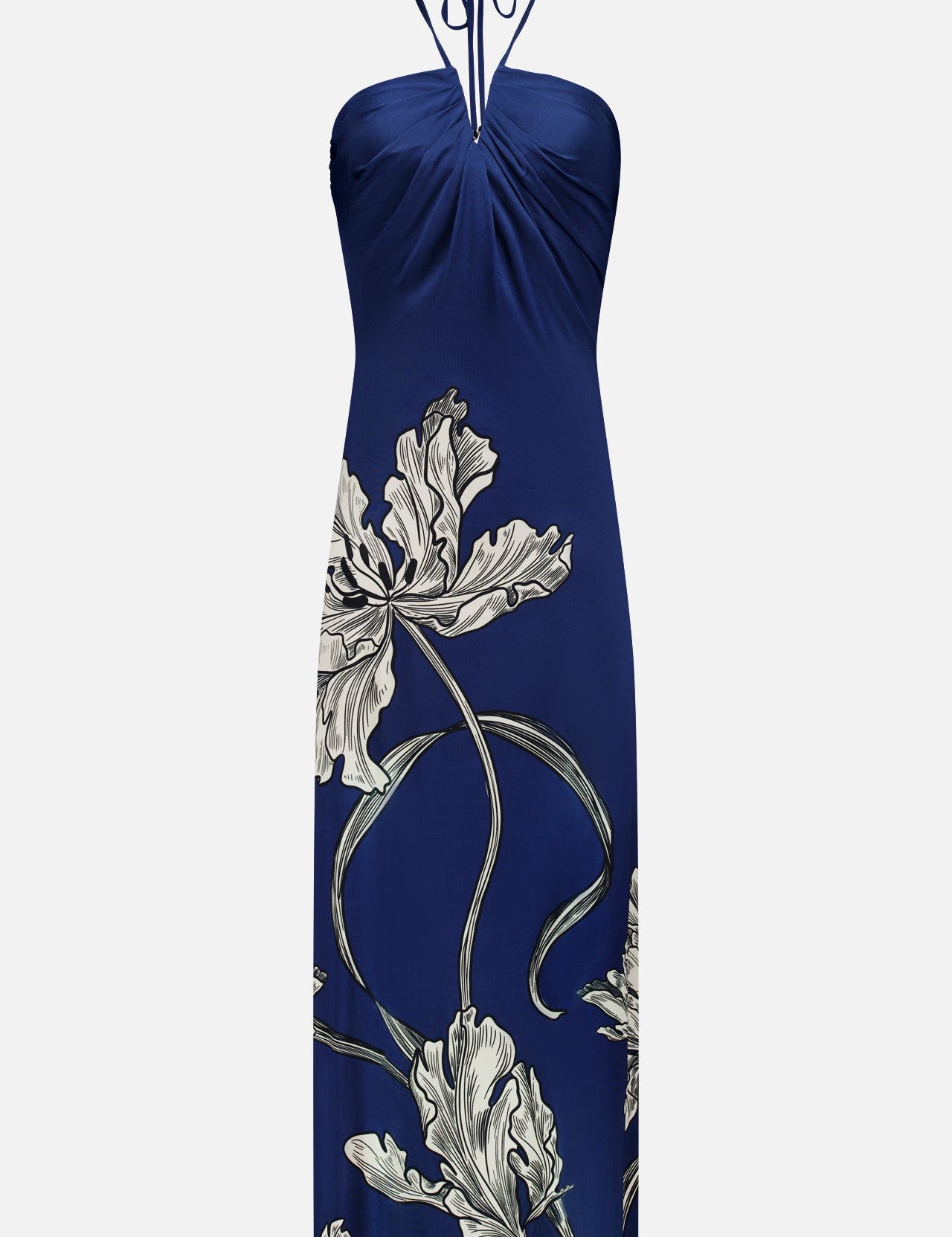 The Amani Maxi Halter Neck Dress by ANDRÉS OTÁLORA is a navy blue, strapless halter dress with a gathered bust and a white-gray floral pattern featuring large leaves and winding stems near the hem.