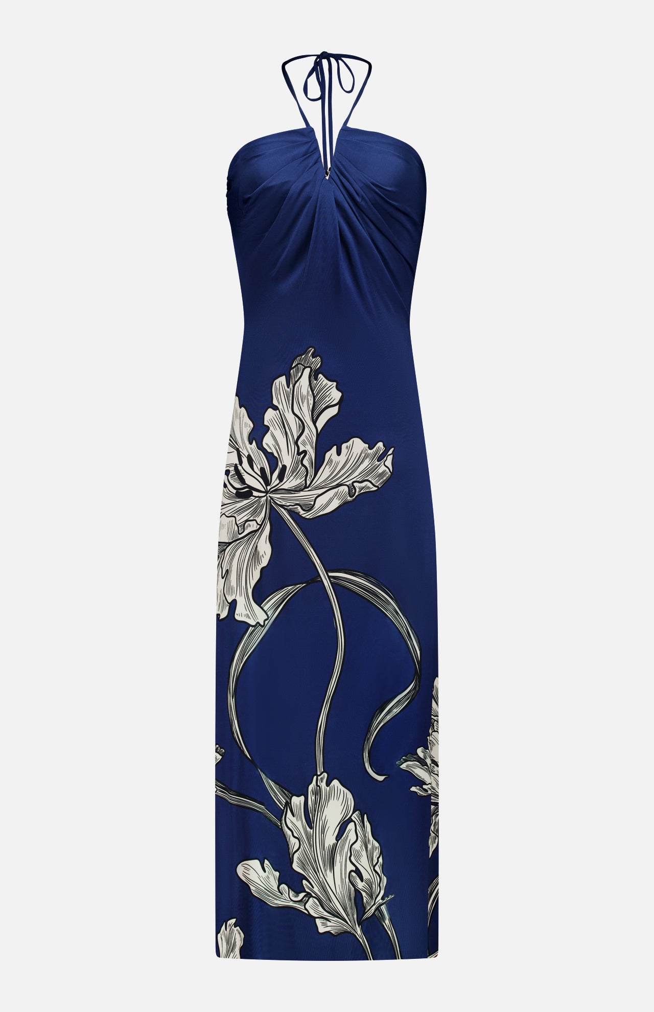 The Amani Maxi Halter Neck Dress by ANDRÉS OTÁLORA is a navy blue, strapless halter dress with a gathered bust and a white-gray floral pattern featuring large leaves and winding stems near the hem.