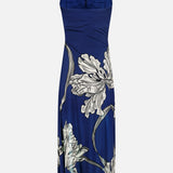 The ANDRÉS OTÁLORA Amani Maxi Halter Neck Dress is a blue, strapless floral design with a ruched bodice and white floral print.