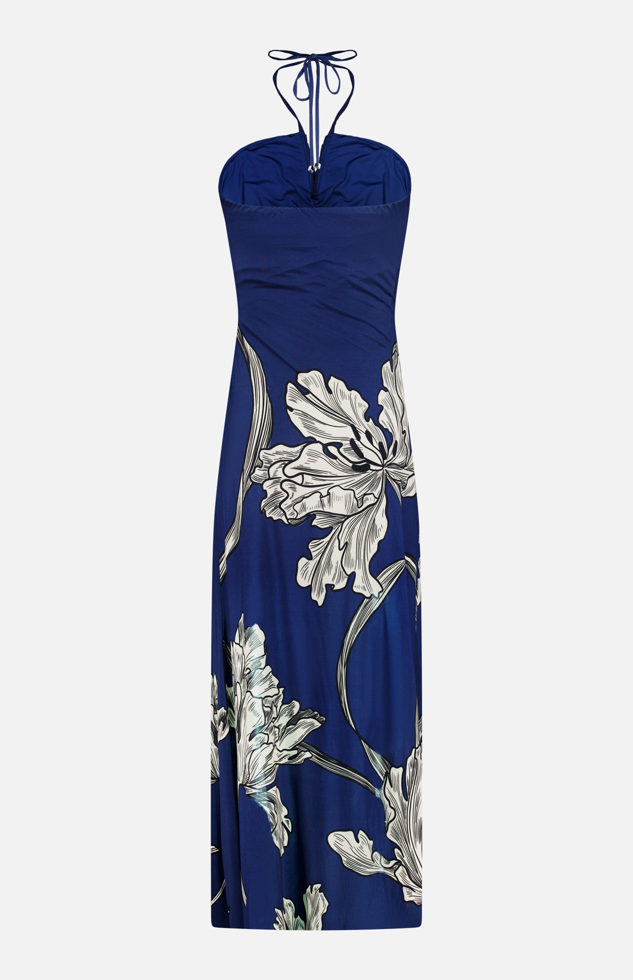 The ANDRÉS OTÁLORA Amani Maxi Halter Neck Dress is a blue, strapless floral design with a ruched bodice and white floral print.