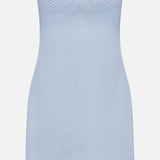 The Amari Ama Linen Mini Dress by ANDRÉS OTÁLORA is a strapless, baby blue mini dress featuring a fitted silhouette and textured spiral detailing on the bust, shown against a plain white background.