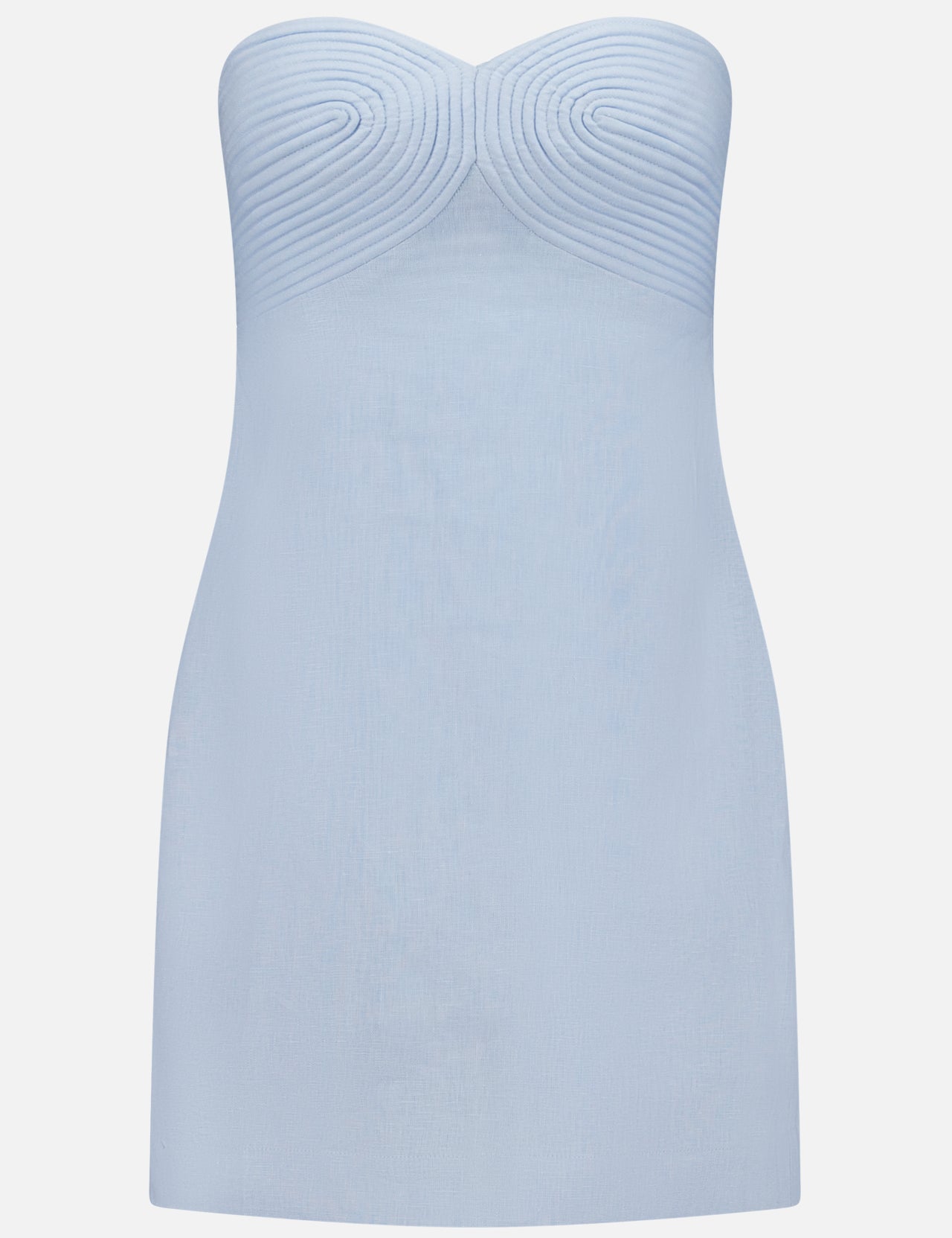 The Amari Ama Linen Mini Dress by ANDRÉS OTÁLORA is a strapless, baby blue mini dress featuring a fitted silhouette and textured spiral detailing on the bust, shown against a plain white background.