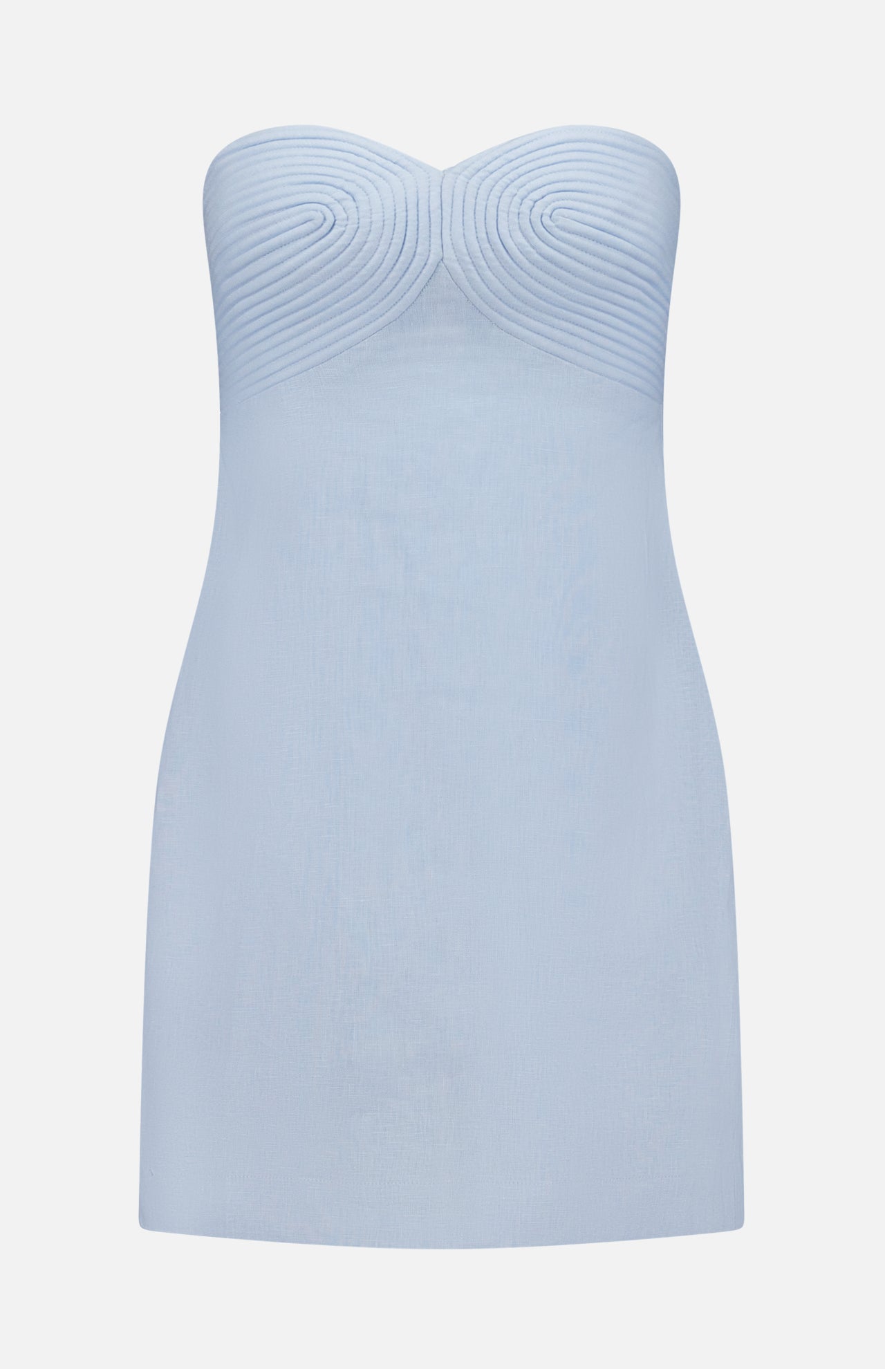 The Amari Ama Linen Mini Dress by ANDRÉS OTÁLORA is a strapless, baby blue mini dress featuring a fitted silhouette and textured spiral detailing on the bust, shown against a plain white background.