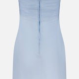 The Amari Ama Linen Mini Dress by ANDRÉS OTÁLORA is a strapless baby blue mini with a structured, pleated bodice and vertical back zipper, displayed on a white background. Mediterranean-inspired for effortless charm at any event.