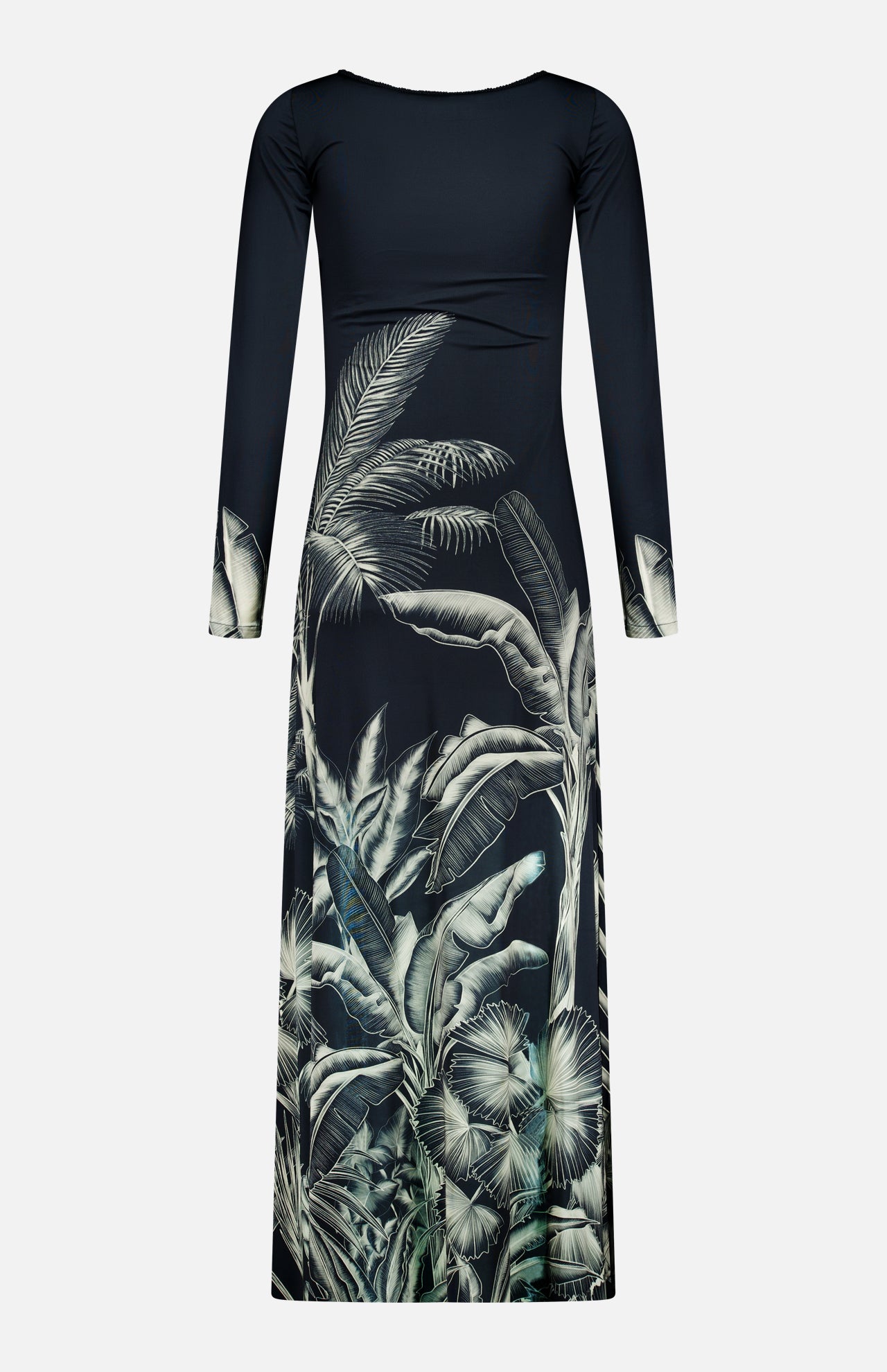 The Donde Empieza Embellished Maxi Dress by ANDRÉS OTÁLORA is a long-sleeved, midnight navy maxi dress featuring a botanical palm print with bold green and white leaves concentrated on the lower half.