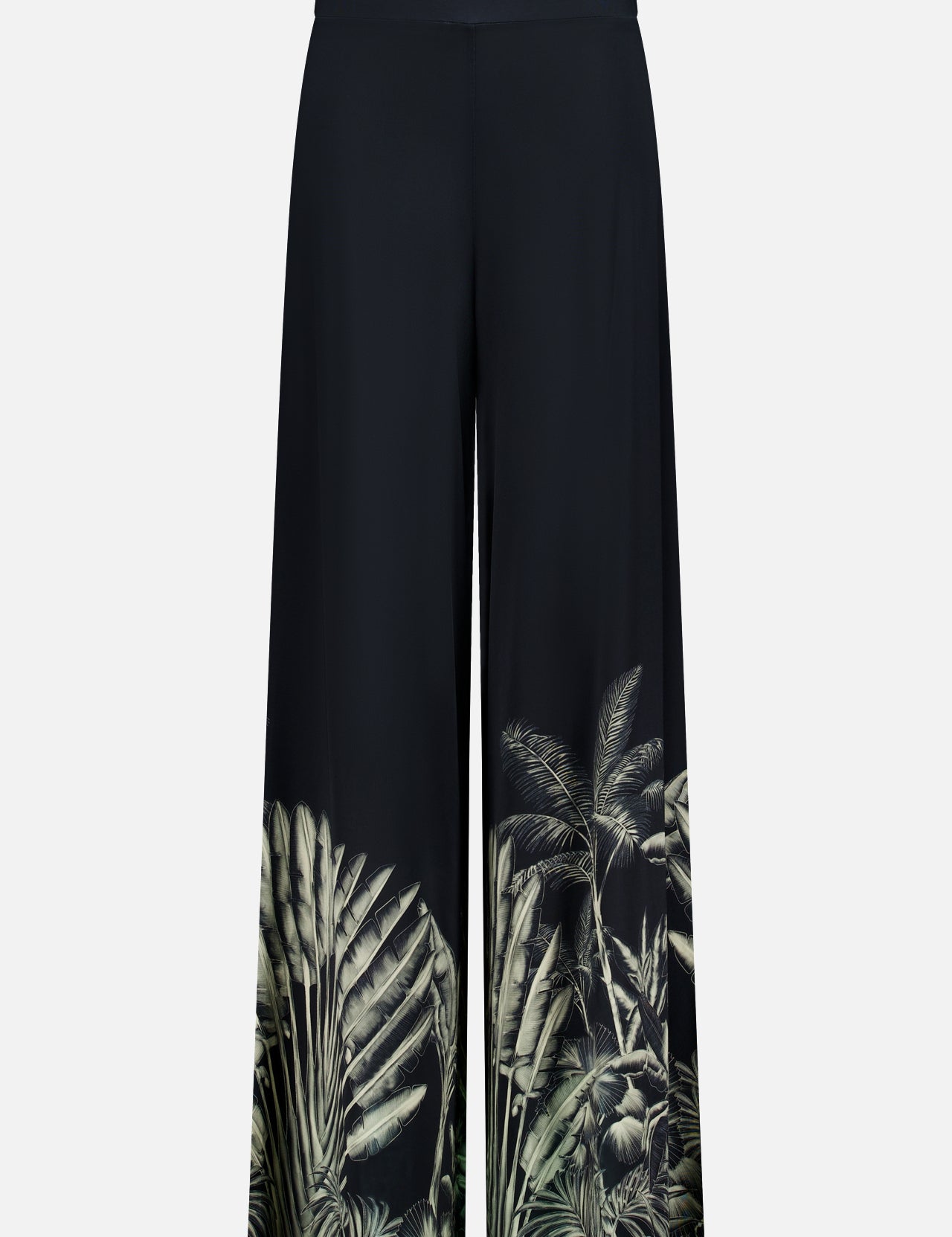 The ANDRÉS OTÁLORA En Calma Palm Print Pants are midnight navy, wide-leg pull-on pants with a high waist and green palm print accents along the lower legs for a tropical touch.