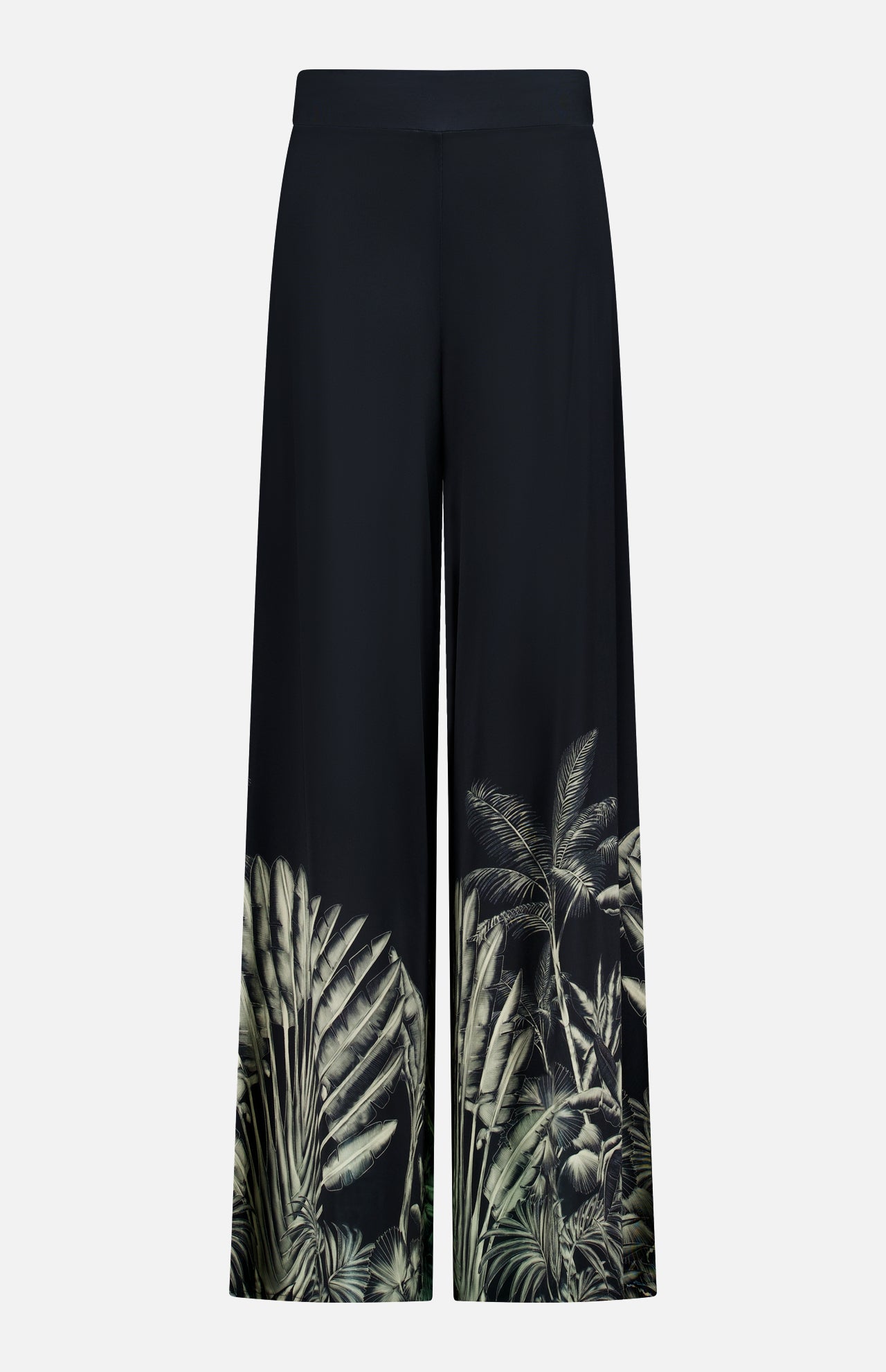 The ANDRÉS OTÁLORA En Calma Palm Print Pants are midnight navy, wide-leg pull-on pants with a high waist and green palm print accents along the lower legs for a tropical touch.
