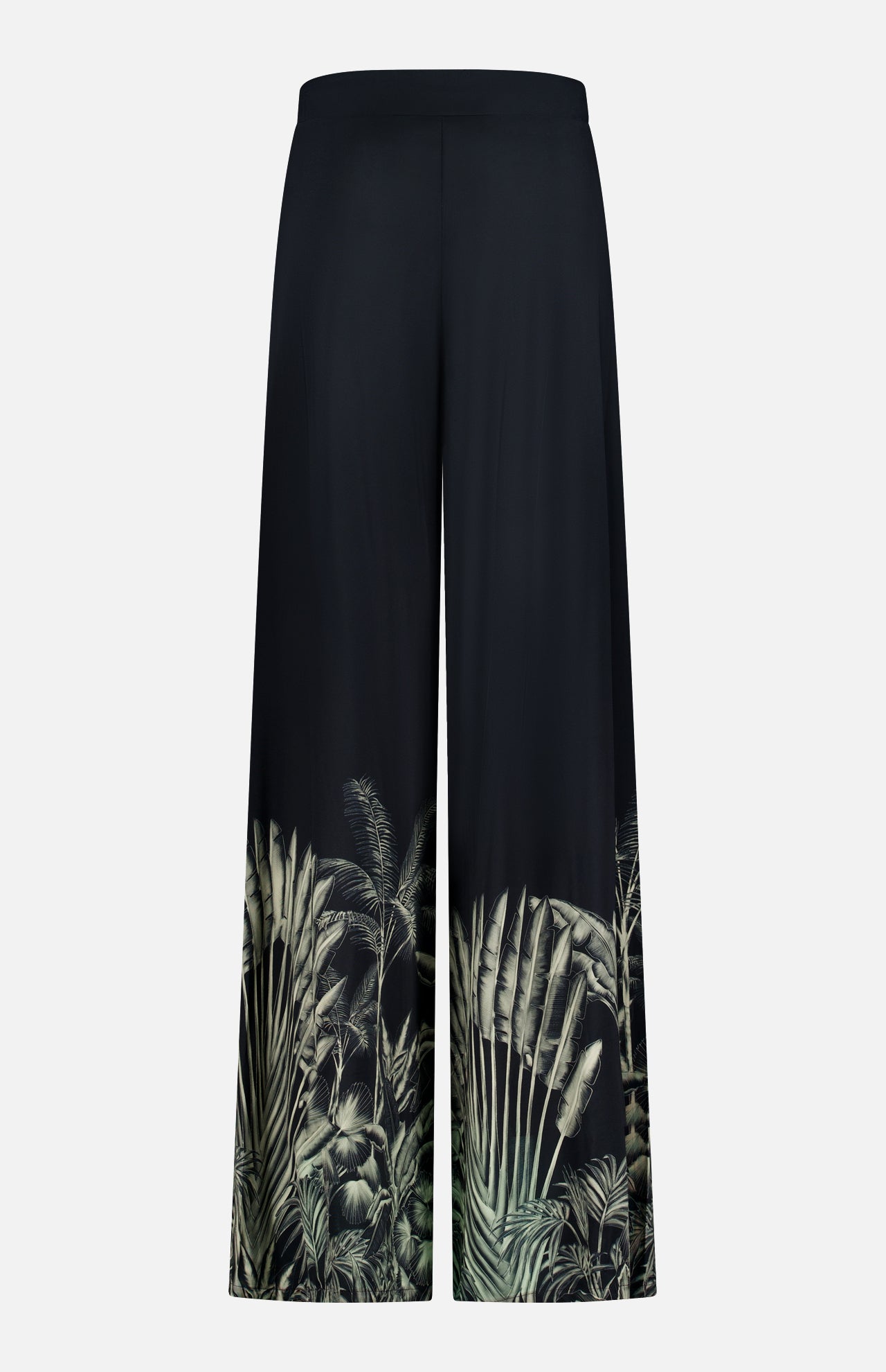 ANDRÉS OTÁLORA's En Calma Palm Print Pants are wide-leg black pull-on pants with a high waist and a green tropical palm print accenting the lower legs.
