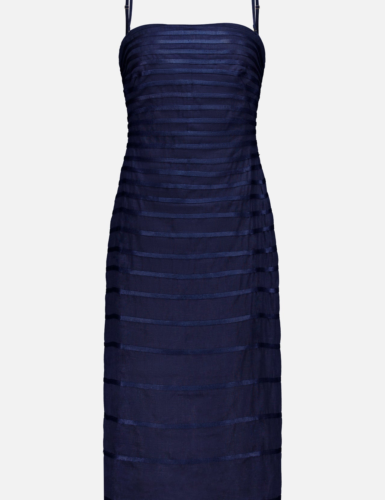 The Eterna Brisa Embroidered Midi Dress by ANDRÉS OTÁLORA is a sleeveless navy dress featuring thin adjustable straps and horizontal sheer panel detailing.