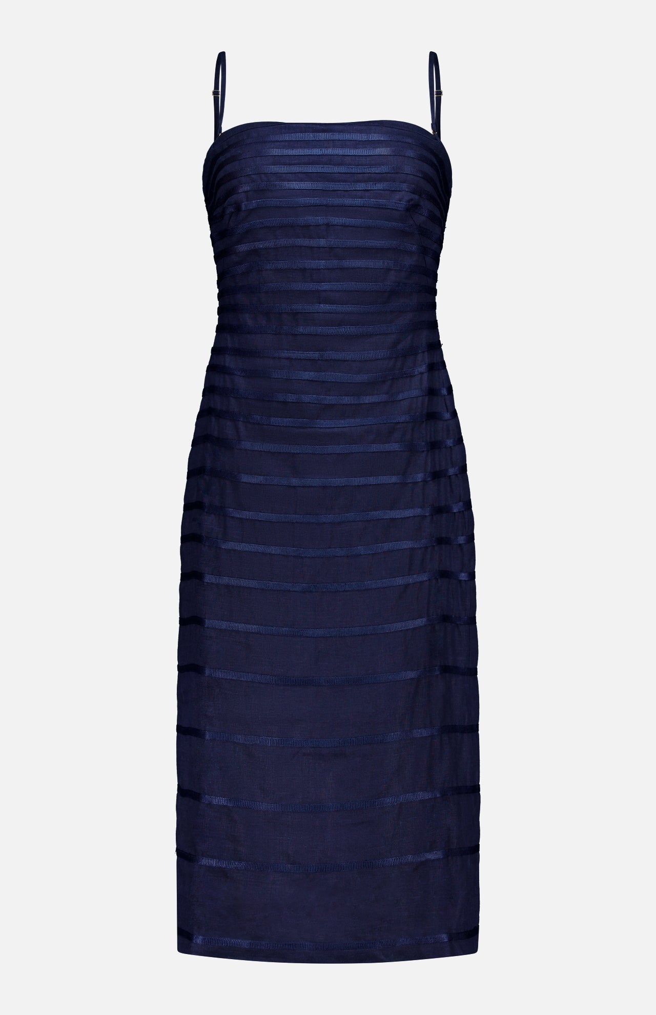 The Eterna Brisa Embroidered Midi Dress by ANDRÉS OTÁLORA is a sleeveless navy dress featuring thin adjustable straps and horizontal sheer panel detailing.