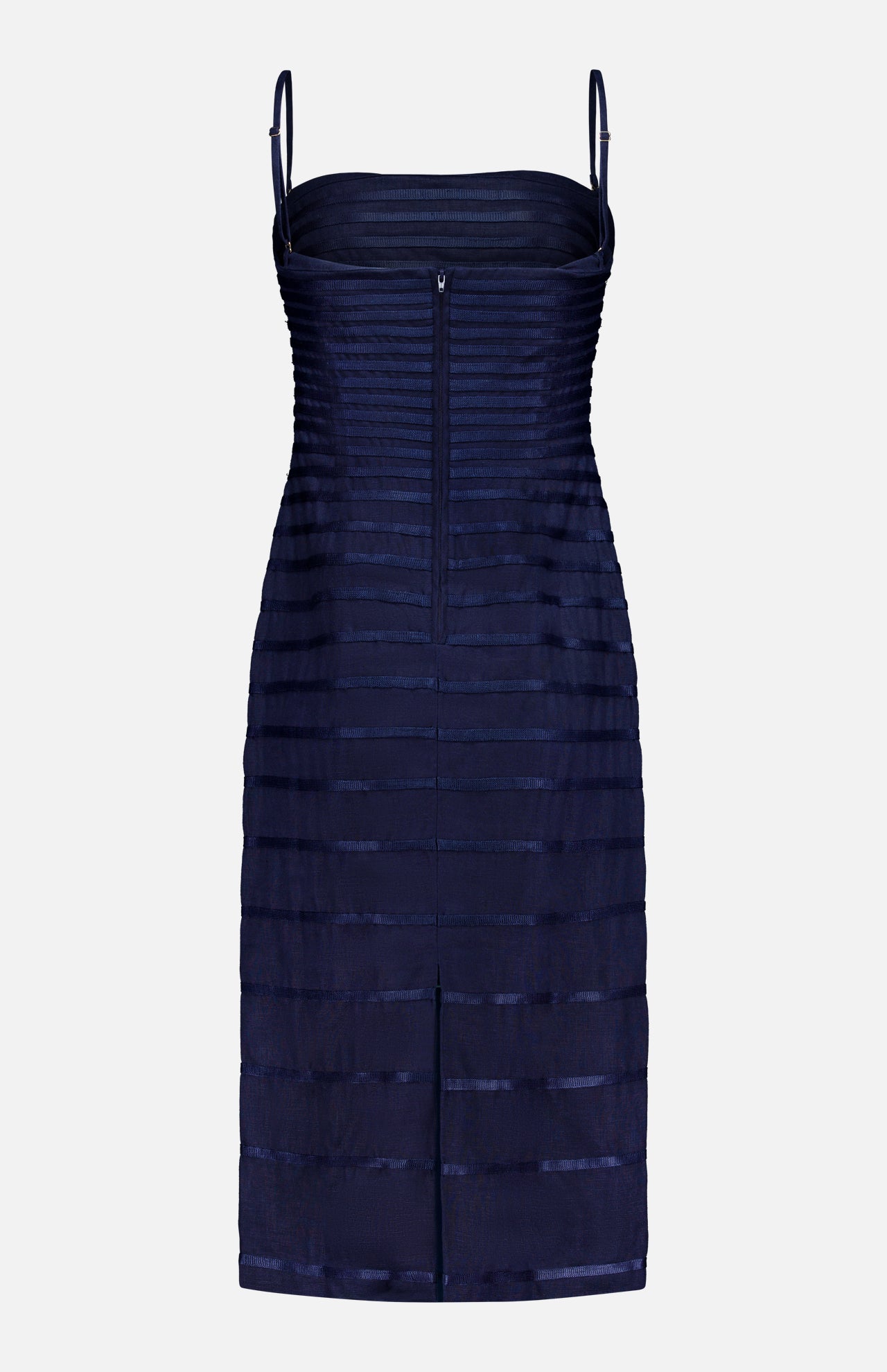 The Eterna Brisa Embroidered Midi Dress by ANDRÉS OTÁLORA is a sleeveless navy and black dress with adjustable thin straps and horizontal bands, shown against a plain white background.