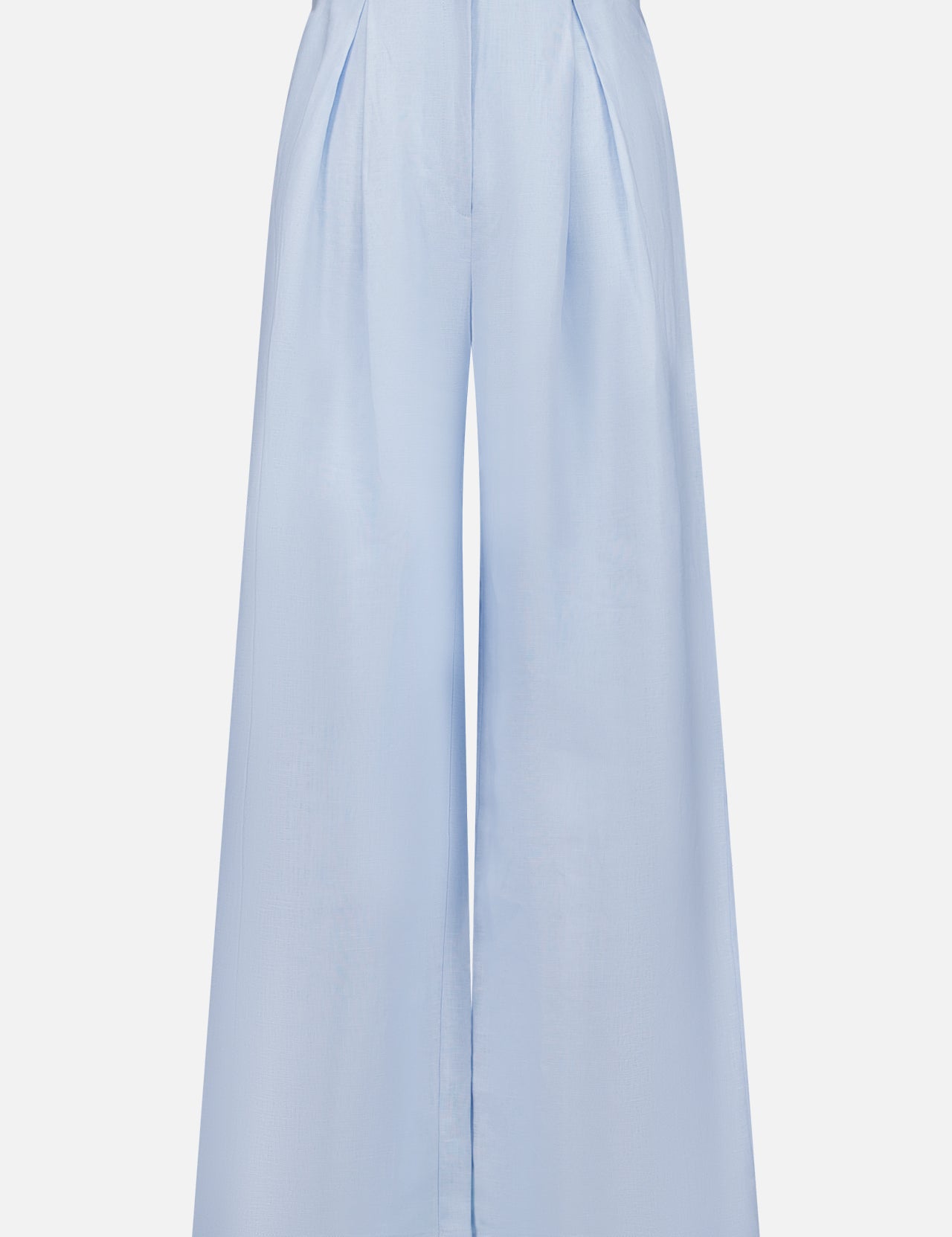 The Naces Tu Linen Pant by ANDRÉS OTÁLORA features a wide-leg, high-waisted baby blue design with front pleats, concealed waistband, and zipper, shown against a plain white background.