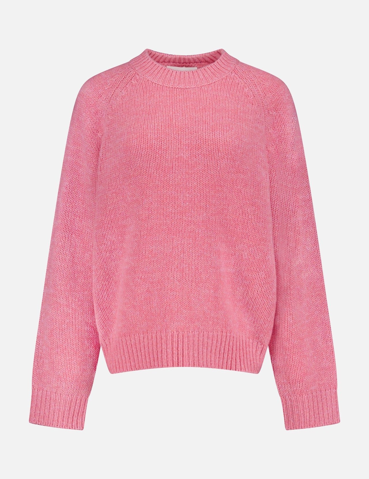 The Anine D Elongated Sweater by LISA YANG is a relaxed fit pink cashmere piece with long sleeves, a crew neckline, and ribbed cuffs and hem, shown against a plain white background.