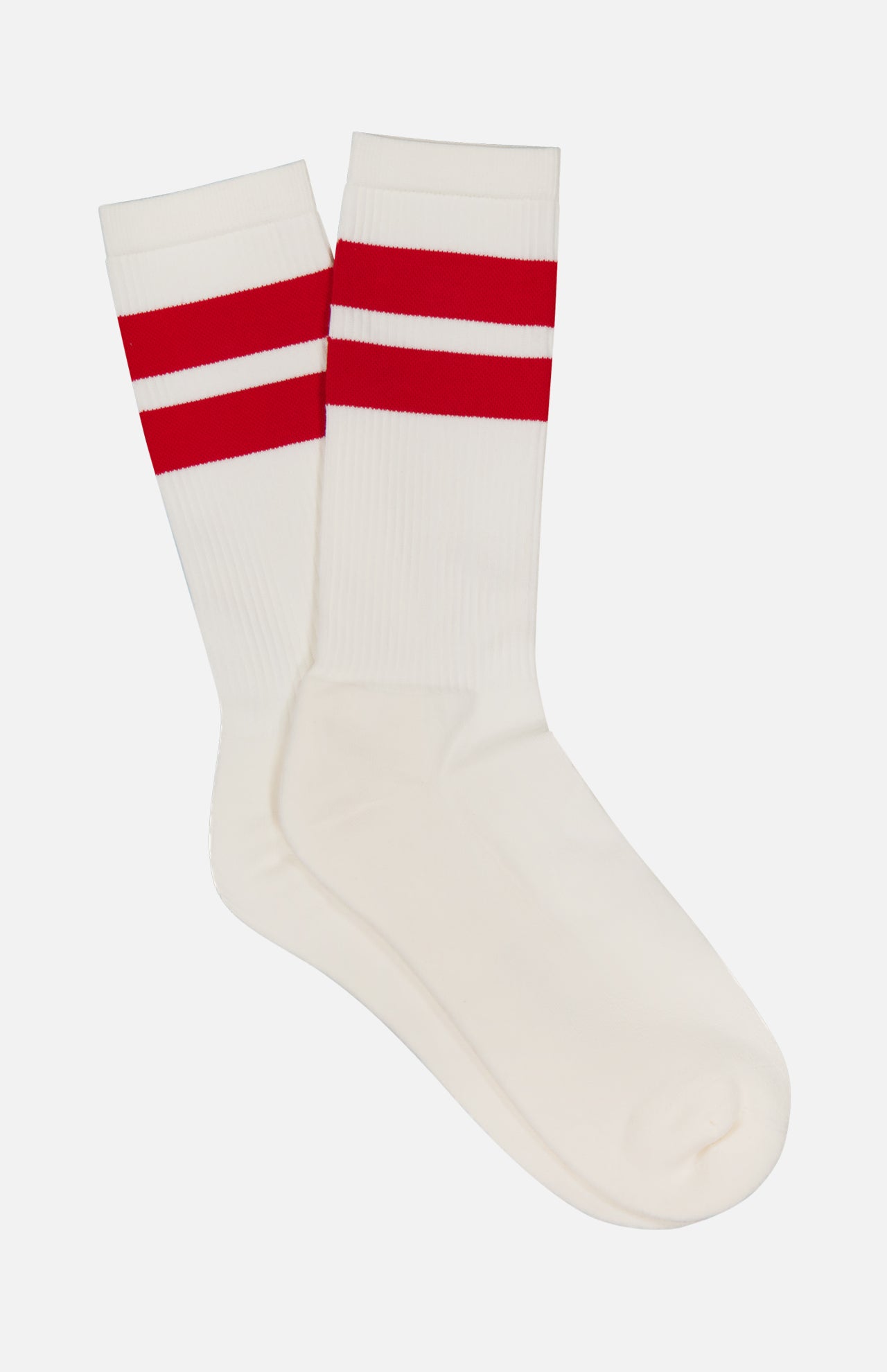 ANT45's Bernera Short Socks feature a classic design with two bold red stripes near the top. These white cotton socks are laid flat against a white background, highlighting their timeless appeal.