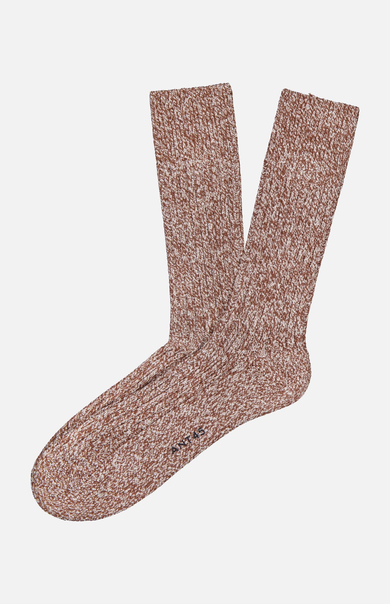 A pair of ANT45 Blog Short Socks in brown marl displayed on a plain white background, one sock laid flat over the other—premium hosiery combining comfort and style.