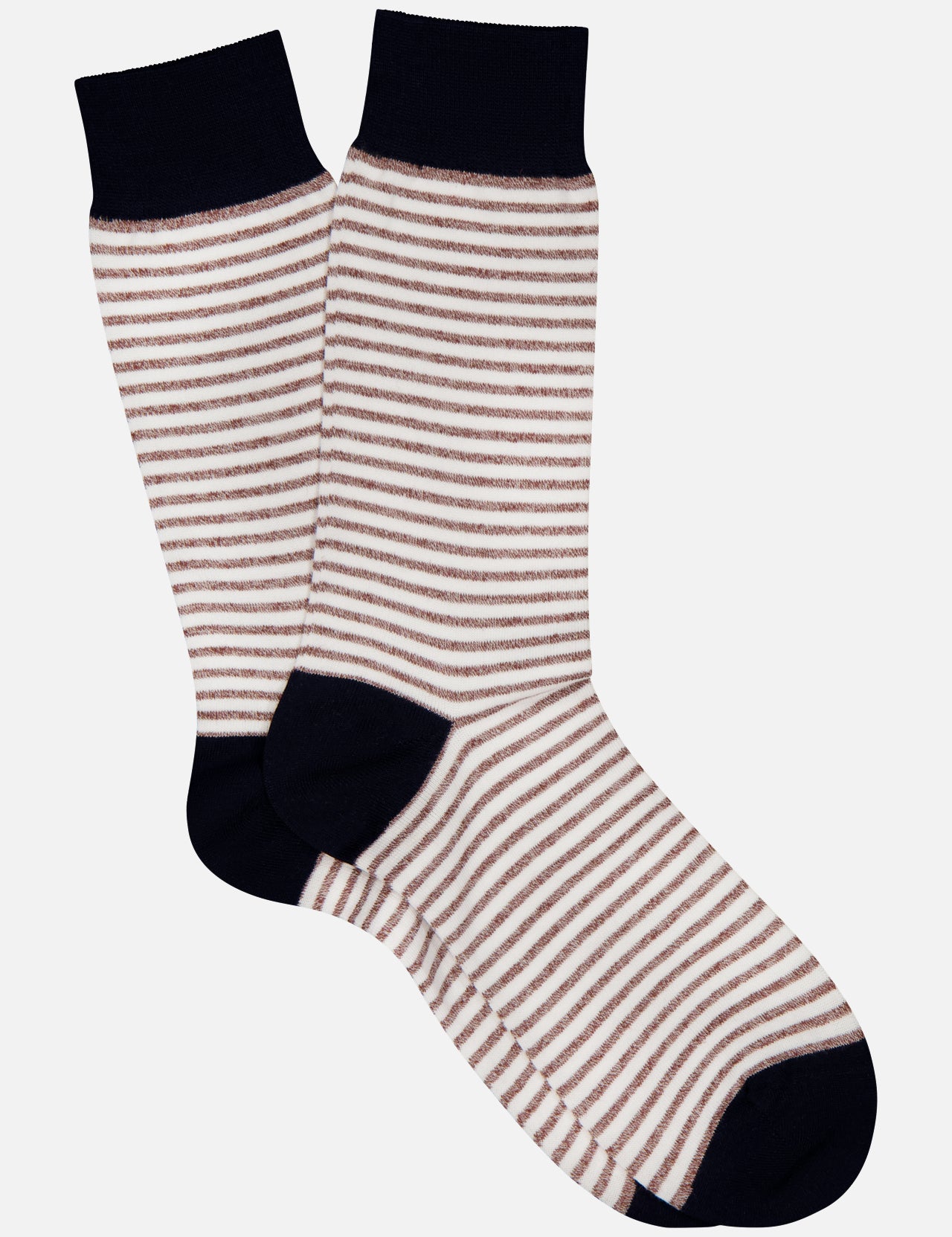 The ANT45 Midett Short Socks feature thin brown and white cotton-linen stripes with solid black toes, heels, and cuffs, shown on a plain white background.
