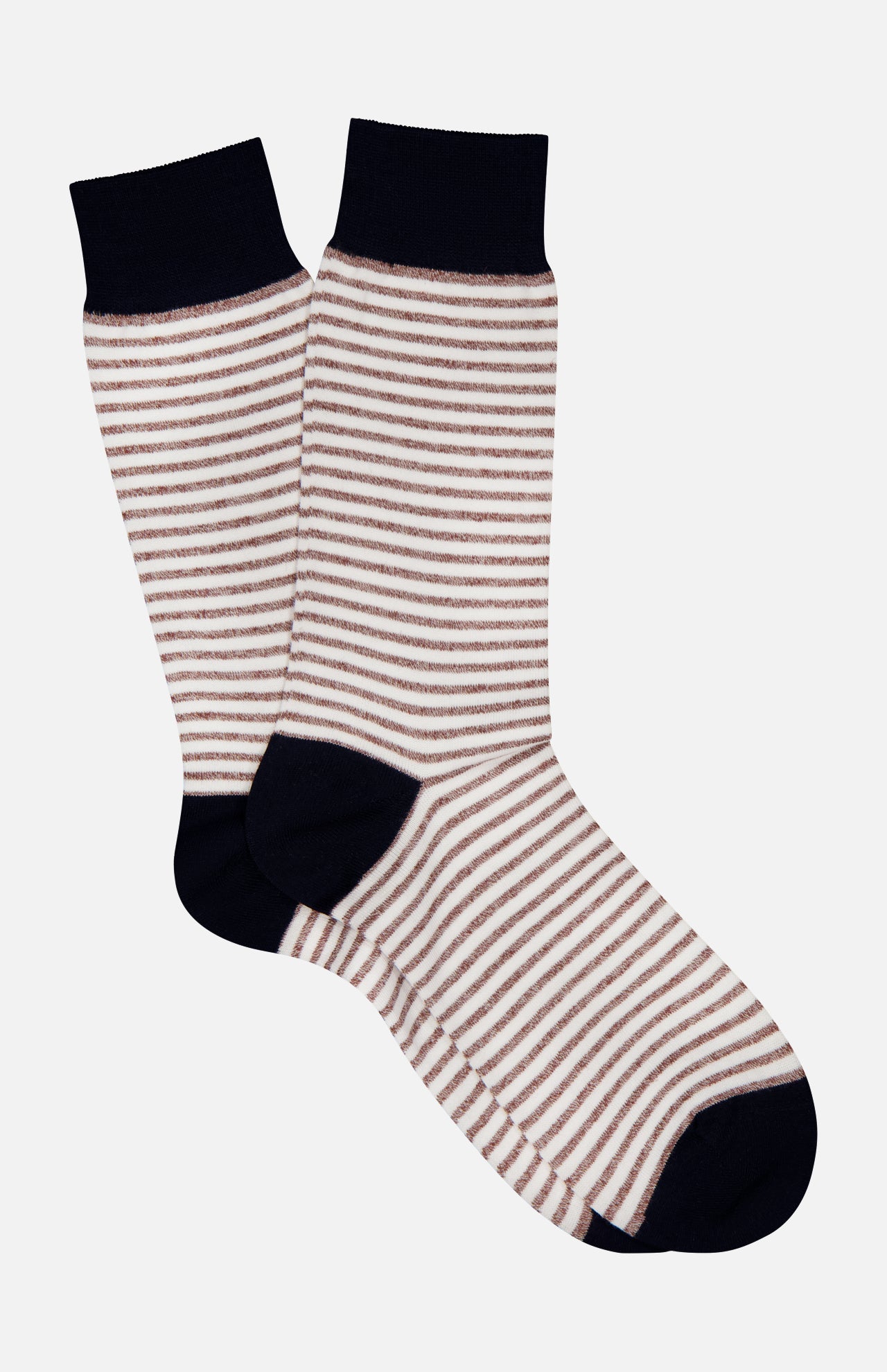 The ANT45 Midett Short Socks feature thin brown and white cotton-linen stripes with solid black toes, heels, and cuffs, shown on a plain white background.