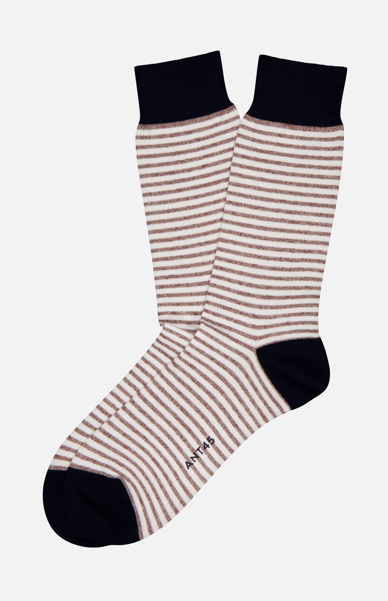 A pair of ANT45 Midett Short Socks with thin beige and white stripes and solid black toes, heels, and cuffs. "ARTIS" is printed near the toe on one sock—crafted for fans of classic Italian style.